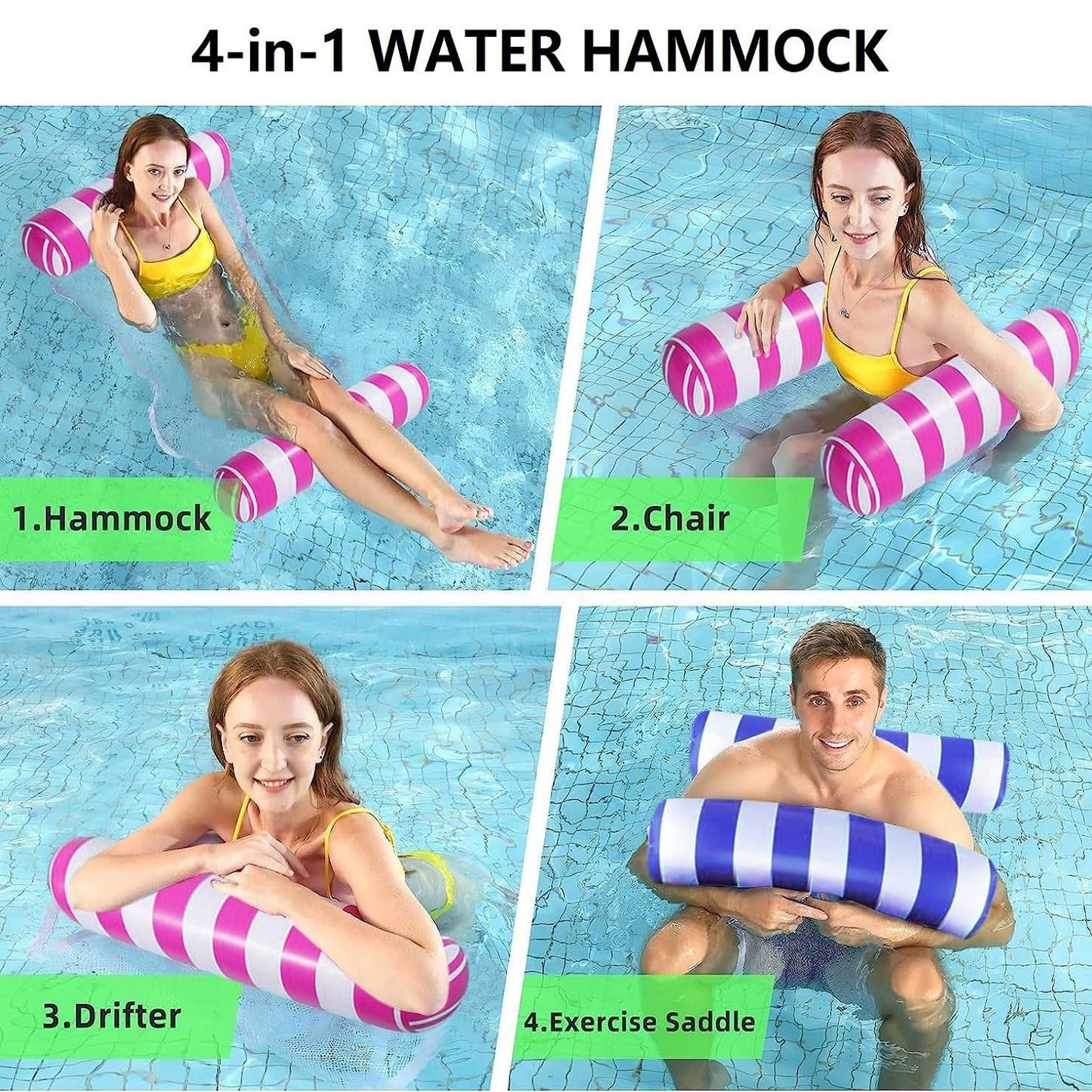 2-Pack Swimming Pool Float, Multi-Purpose Inflatable Pool Hammock (Saddle, Lounge Chair, Drifter), Water Hammock Lounge, (Navy Blue,Pink)