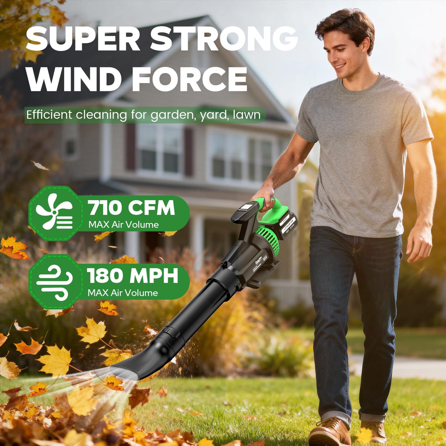 Leaf Blower Cordless with 2X 5500 mAh Battery and Charger, 710 CFM/180 MPH Brushless Electric Leaf Blower with Shoulder Strap, 3-Speed Modes, Powerful Handheld Blowers for Lawn Garden Yard Care