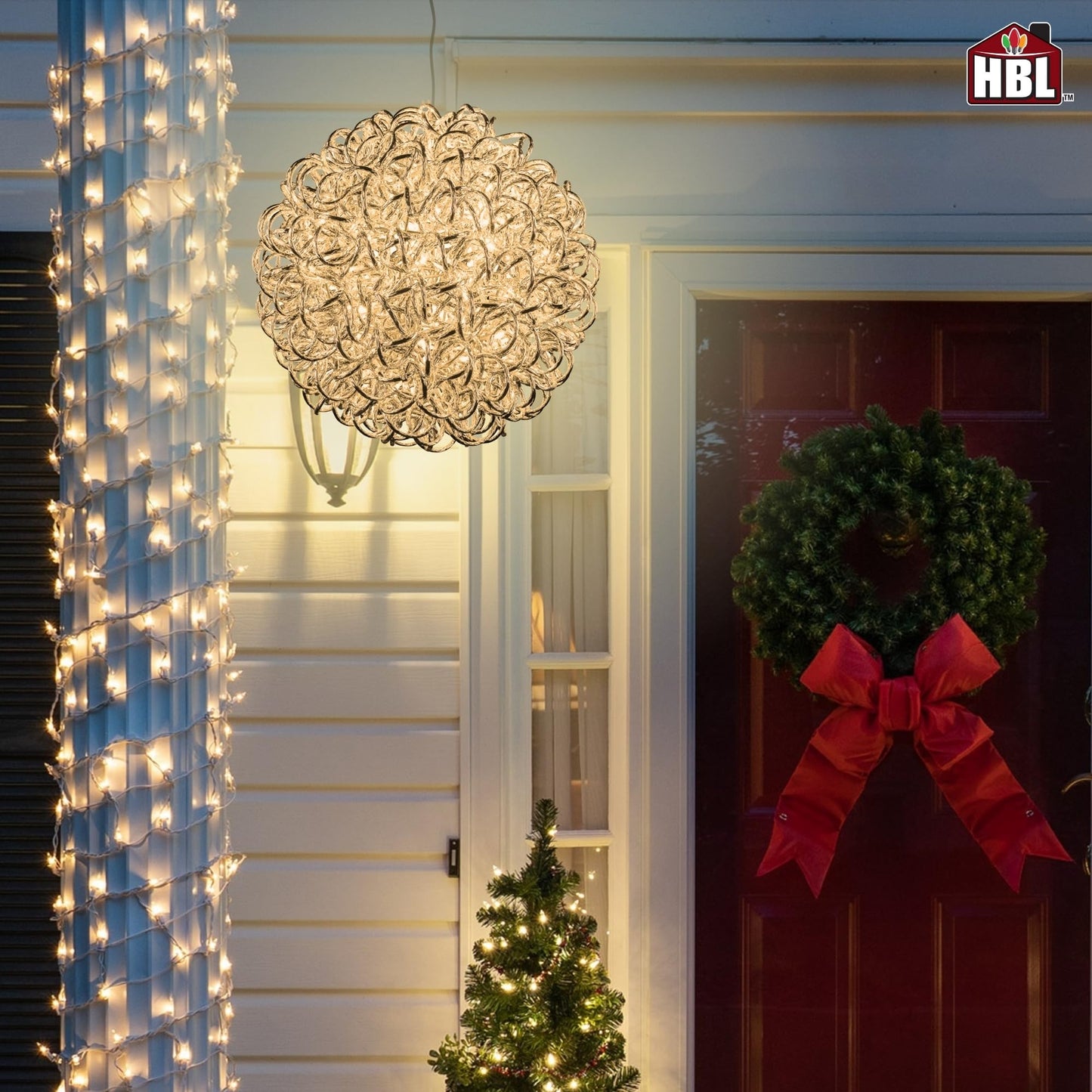 Holiday Bright Lights 18" Silver Spiral Orb Outdoor Hanging Sphere Lights Porch Decor, 200-Light 5MM Warm White LED Bulbs