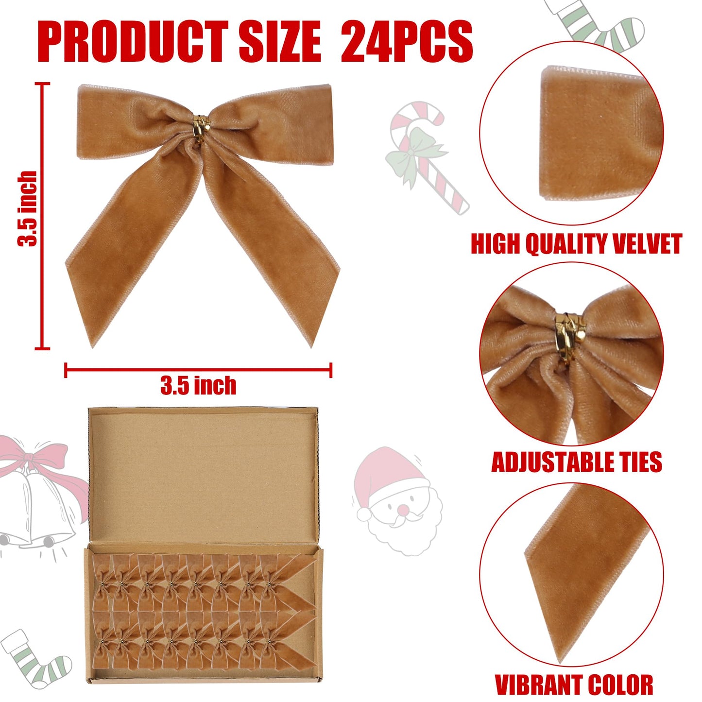 Sggvecsy 24 Pcs Christmas Bow Christmas Wreath Bows Velvet Ribbon Bows Xmas Tree Ornaments Gift Wrapping Xmas Decoration Handmade Crafts Gifts for Home Indoor Holiday Party (Camel)