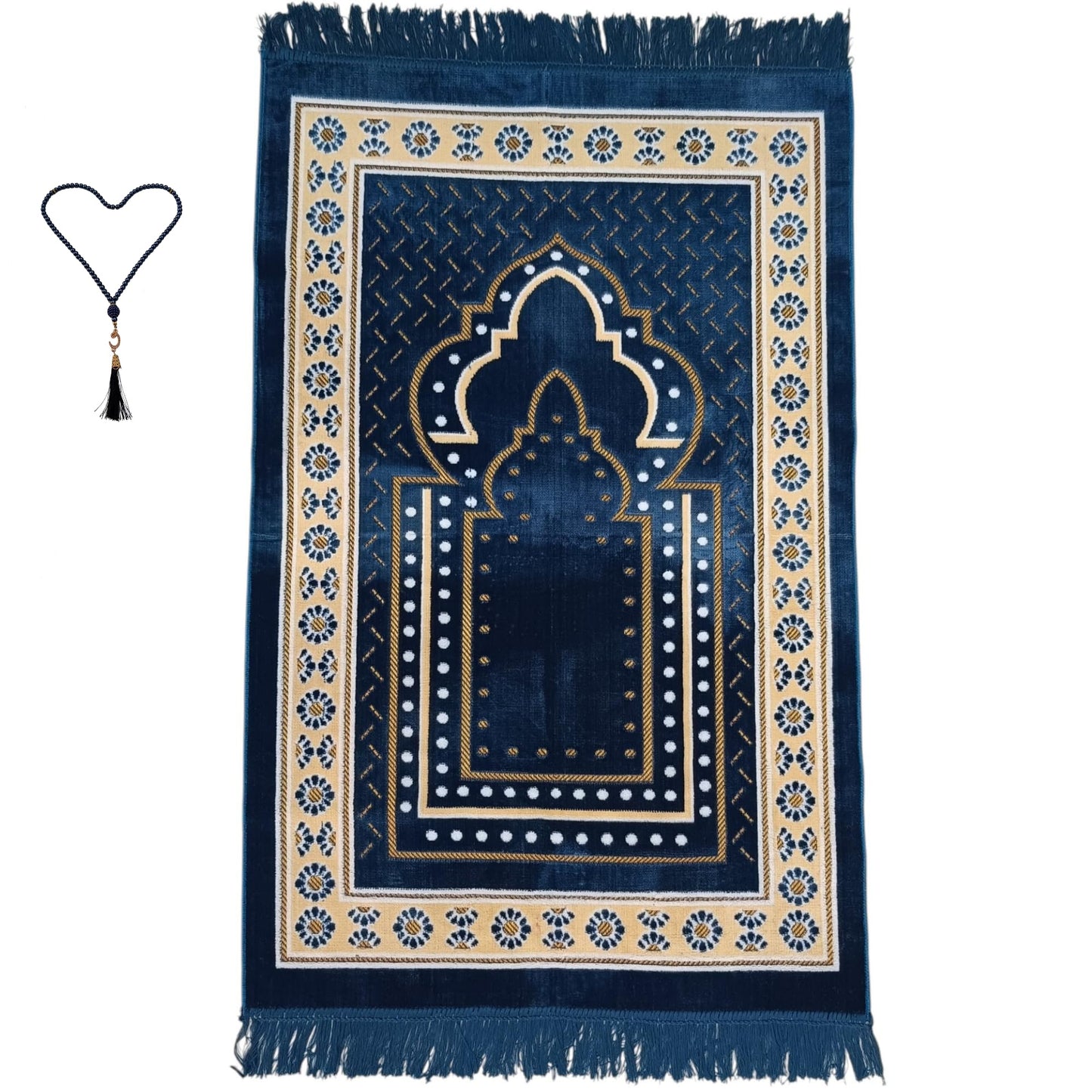 Prayer Mat Rug for Muslim Men, Women or Kids, Portable Praying Mat and Prayer Beads Sets for Islamic Gifts – Muslim Prayer Rug For Ramadan, Umrah, Hajj - Turkish Rug for Meditation and Worship (BLUE)