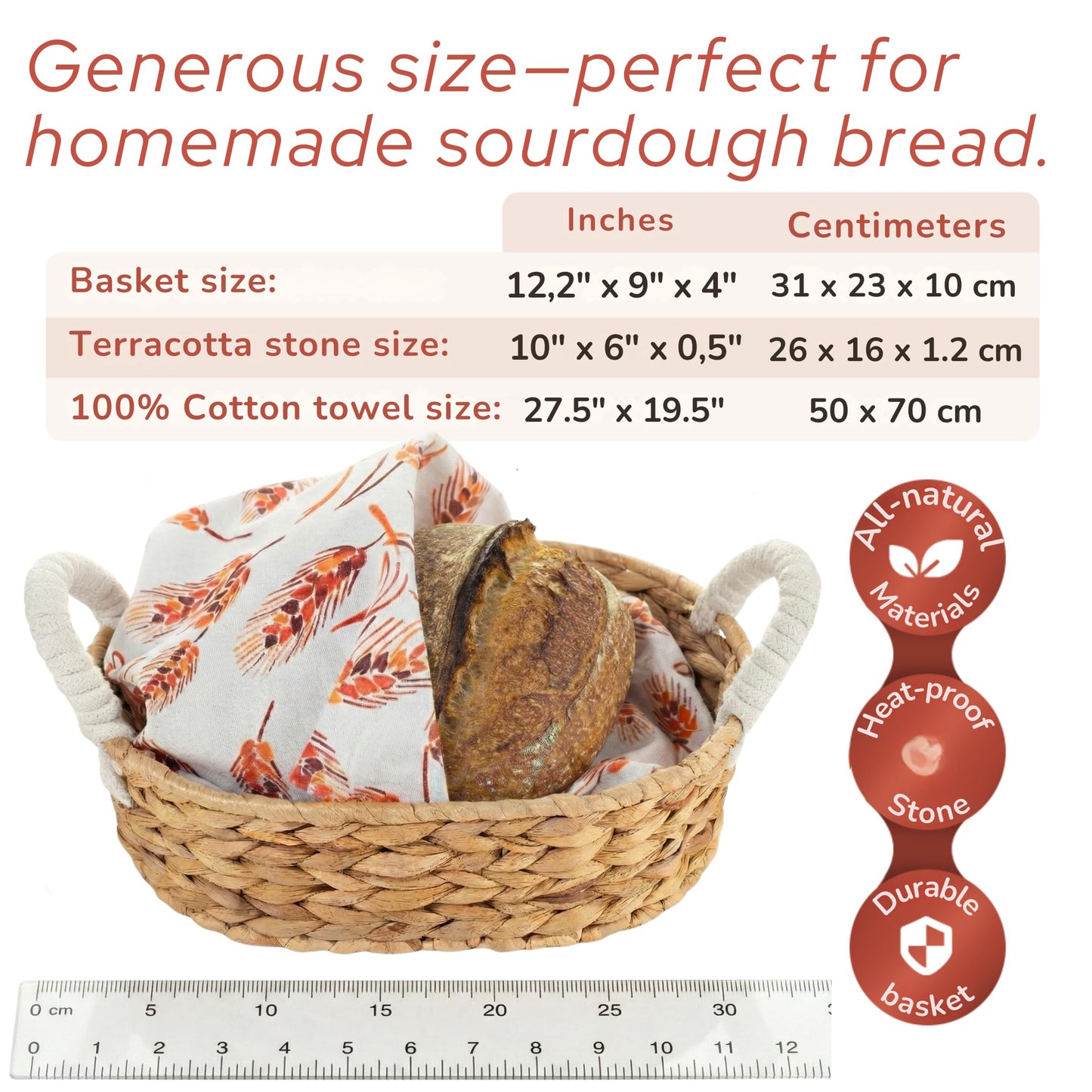 Vivi's Bread Warmer Basket with Stone | and Cotton Towel | for Sourdough Bakers | Water Hyacinth Bread Baskets for Serving | Artisan Terracotta Bun Warmer | Easter Hostess Gift