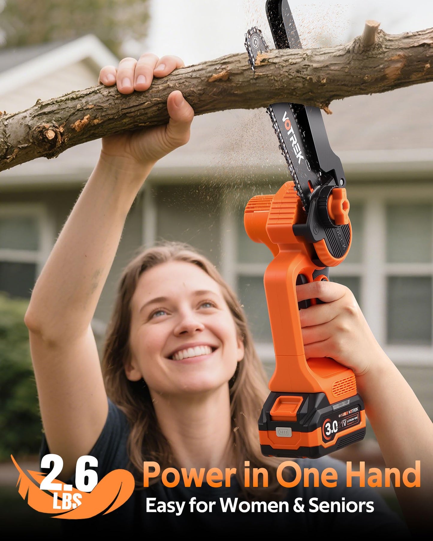 VOTREK® 8-Inch Mini Chainsaw Cordless, 3.0Ah Battery Powered Electric Chain Saw with 2 Chains, Brushless Motor, Auto Oiler, Tool-Free Tensioner for Tree Trimming and Yard Cleanup