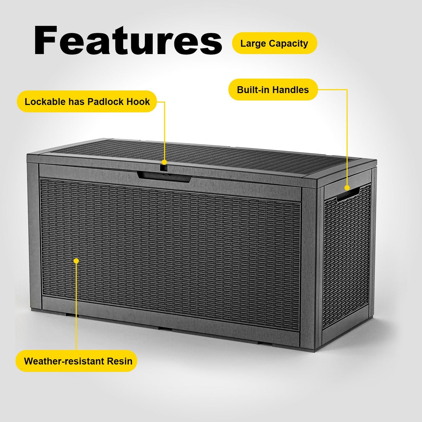 EasyUp 120 Gallon Waterproof Deck Box, Lockable Resin Outdoor Storage Box, Durable Storage Bin with Reinforced Hydraulic Rod for Patio Furniture, Garden Tools, Pool Accessories, Indoor Cushion, Black
