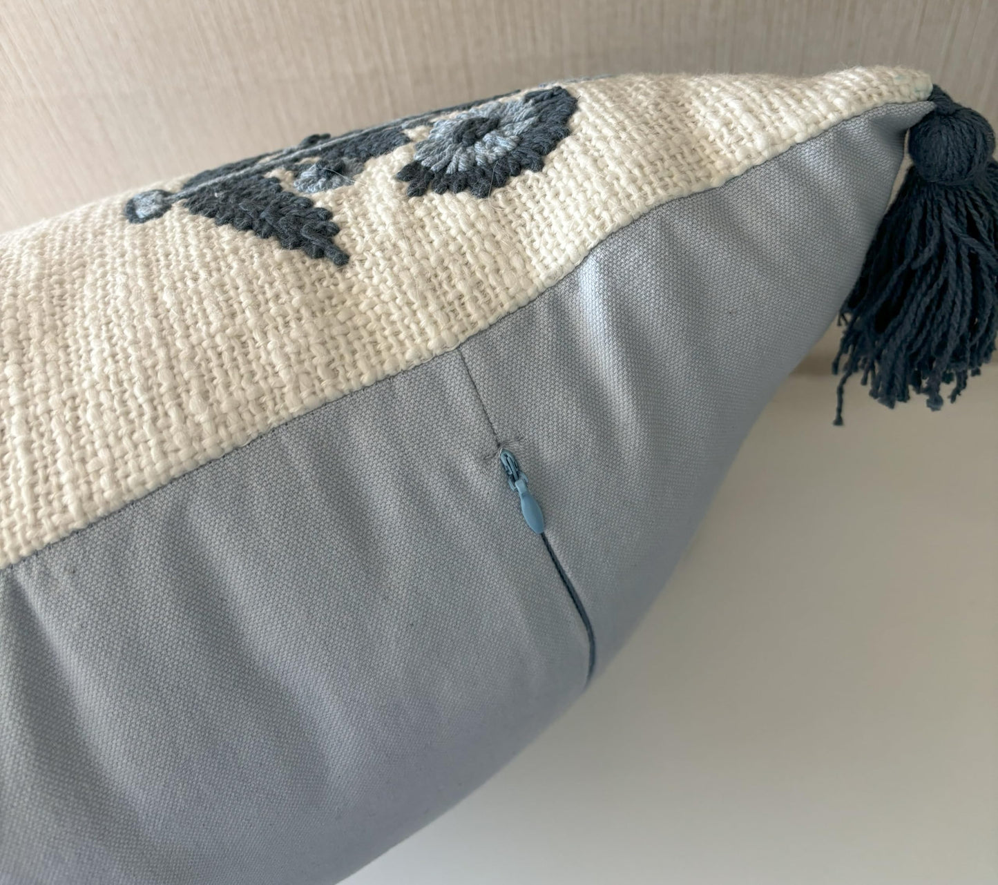 YugTex Hand Embroidered Pillow Cover - 20x20 Ivory Cotton Blue Floral Botanical - Russell Motif