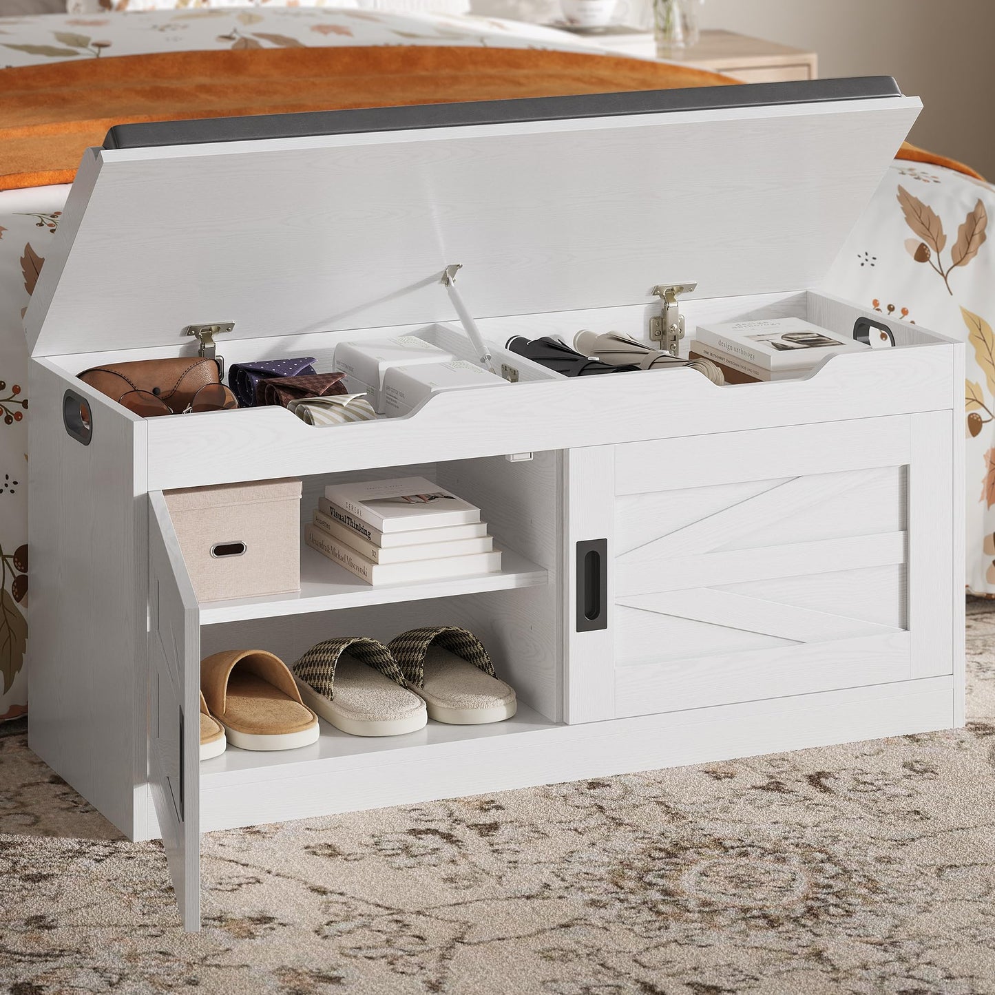 IRONCK Shoe Bench with Lift Top Storage, 42.4" Entryway Bench with Wider Cushioned Seat, End of Bed Bench with Adjustable Shelf & 2 Doors for Hallway, Bedroom, White