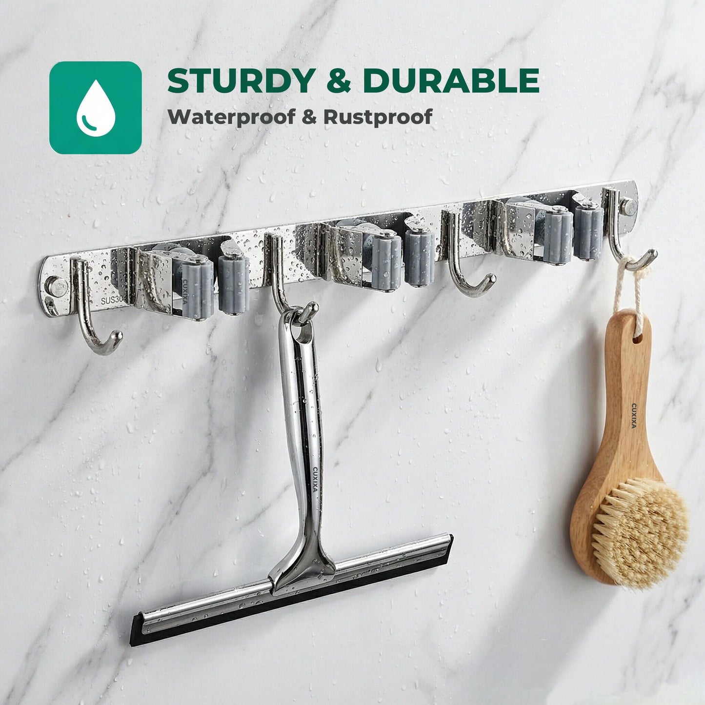 CUXIXA Mop and Broom Holder Wall Mount, Upgraded Broom Organizer Wall Mount, Stainless Steel Broom Hanger Wall Mount for Home Kitchen Garden Laundry Garage (3 Racks with 4 Hooks)