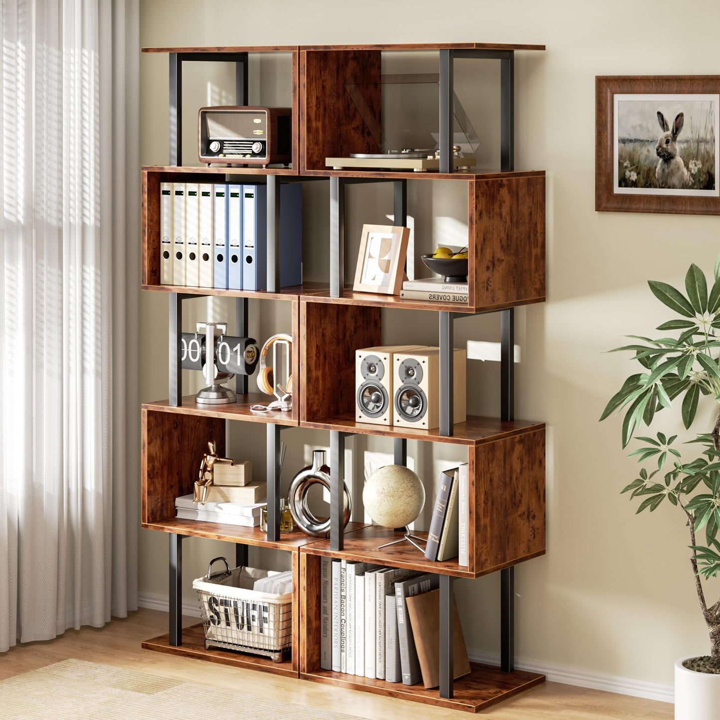 Furologee 6 Tier Bookshelf, Tall S Shaped Geometric Bookcase, Modern Display Shelf Standing Unit, Wood Metal Decorative Divider Rack for Living Room Bedroom Office, Rustic Brown