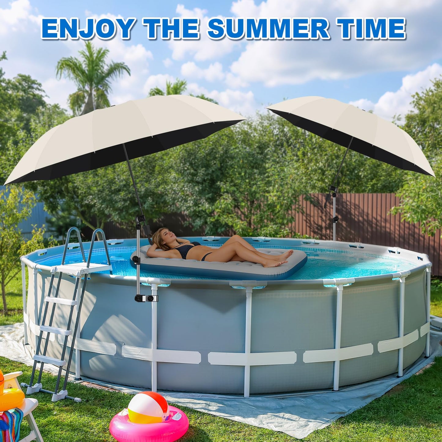 2 Pack Pool Canopy Shade for Above Ground, 50" Chair Umbrella with Clamp Adjustable, Portable UPF 50+ UV Protection Outdoor Umbrella for Patio/Backyard/Beach/Camp Trolley/Strollers/Golf Carts (Beige)