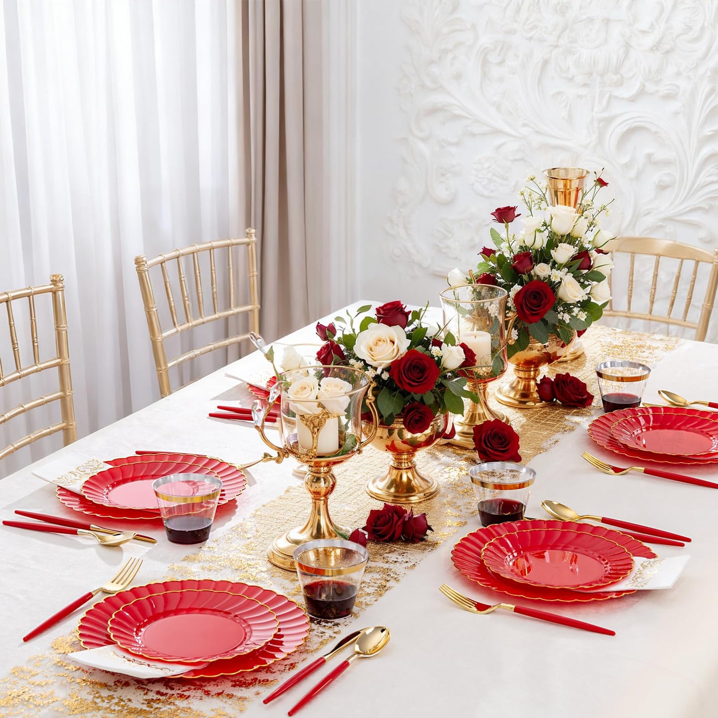 Ciaell 175 PCS Red Scalloped Plastic Plates with Gold Trim - Red Plastic Silverware with Handle - Fancy High-End Dinnerware Sets for Wedding & Party & Mother's Day