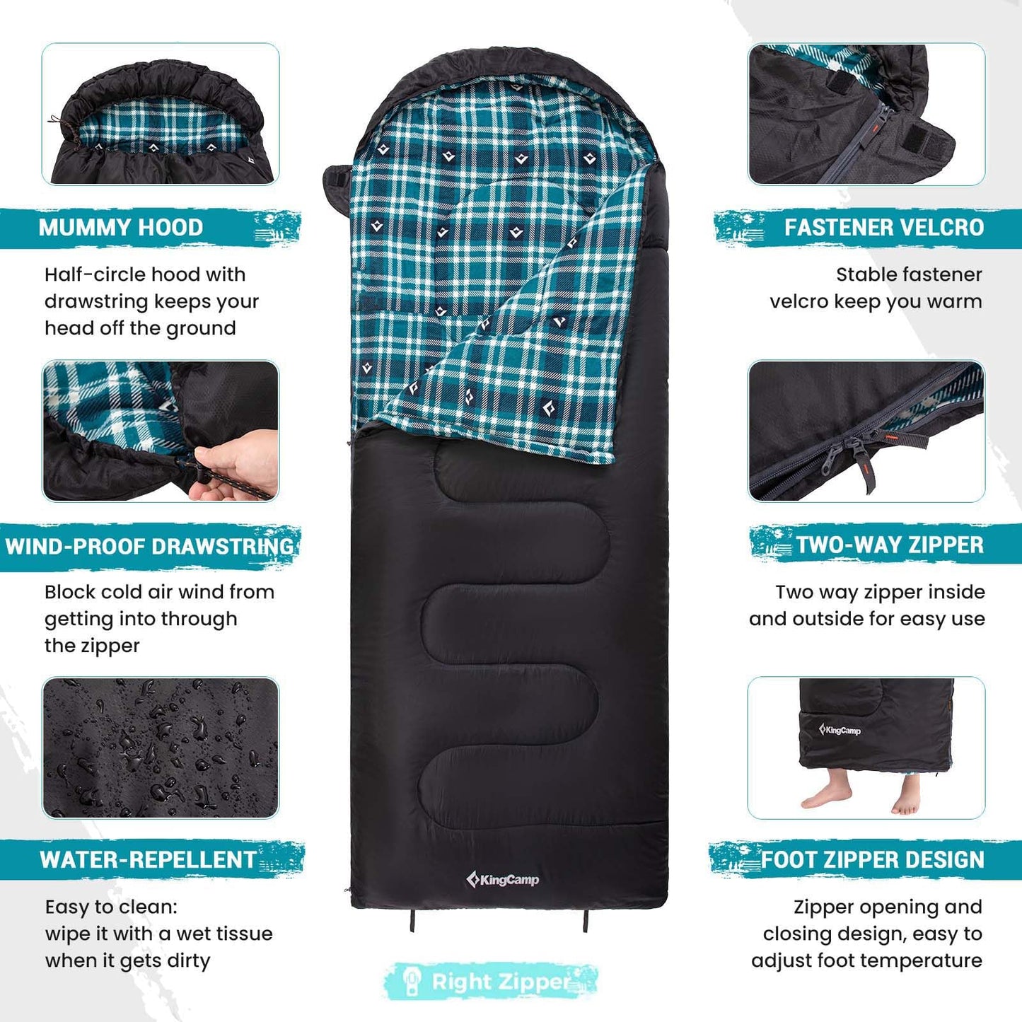 KingCamp Sleeping Bag for Adults, Cold Weather & Warm XL Big and Tall Flannel Sleeping Bags with Compression Sack Portable Waterproof Essentials Gear Accessories for Outdoor Camping (Black Right)
