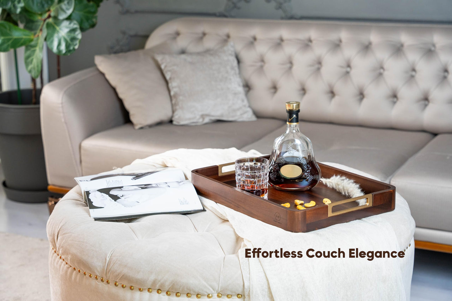 Premium 17.5 x 13 Inch Acacia Wood Serving Tray with Metal Handles – Large Ottoman Coffee Table Centerpiece for Bed, Couch & Patio – Rustic Wood Trays Home Decor for Breakfast, Drinks & Gifts