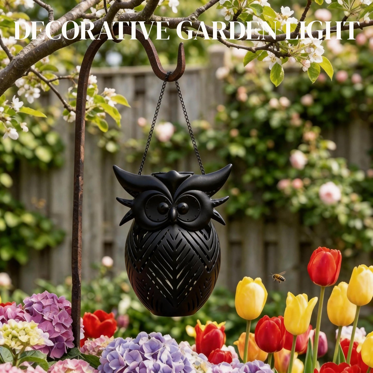 Hanging Owl Solar Lantern, Outdoor Waterproof Metal Solar Lights with Palm Leaf Shadow, Decorative Garden Lanterns for Yard Art Patio Decor, Whimsical Gifts for Women, Black