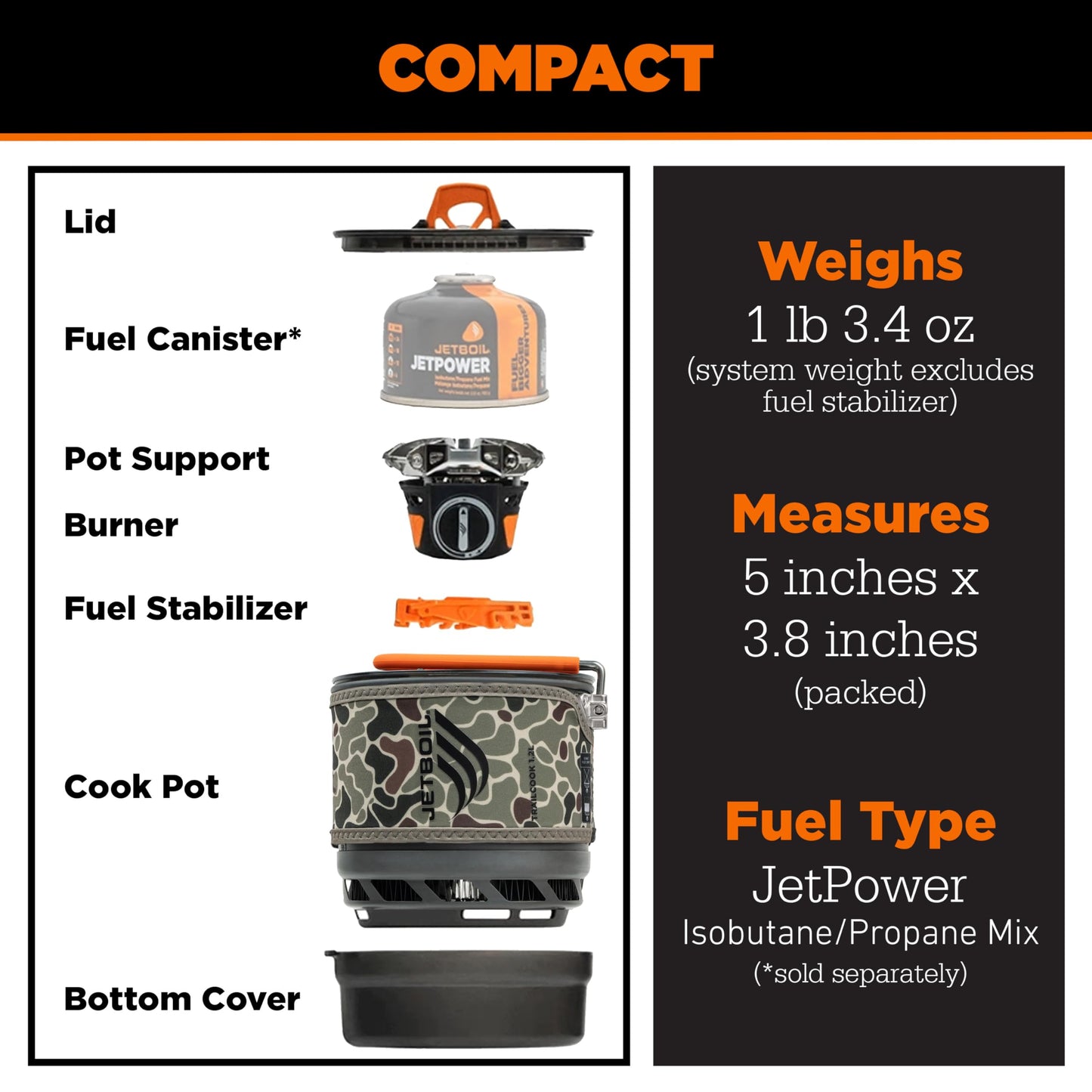 Jetboil TrailCook 1.2L Camping and Backpacking Stove Cooking System with Adjustable Heat Control, New for 2026, Duck Camo