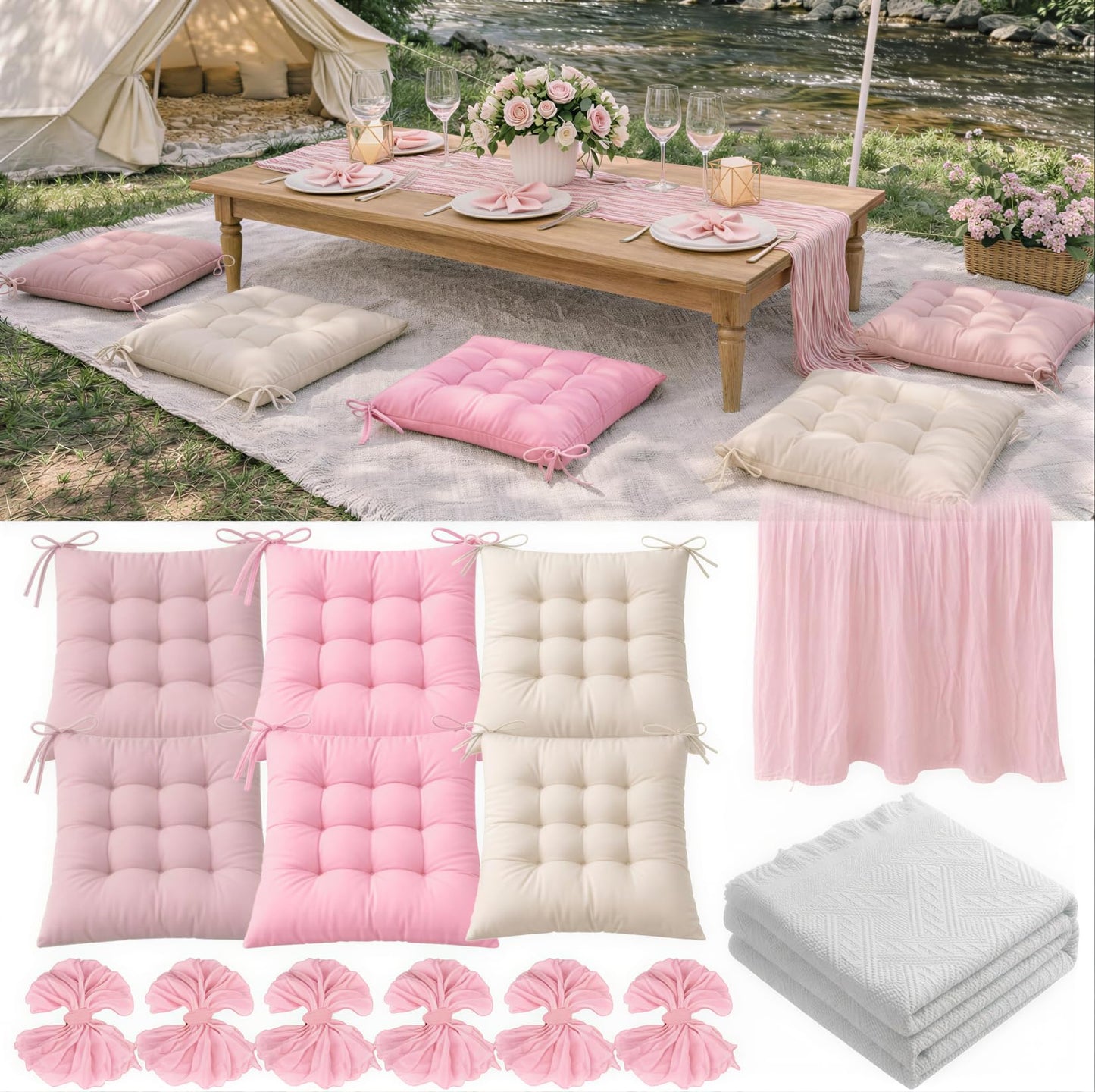 Yebo 91 x 71'' Extra Large Picnic Blanket with Sheer Table Accent, Lightweight Napkins and 6 Soft Floor Cushions Cushions for Parties, Weddings, Birthdays & Backyard Gatherings