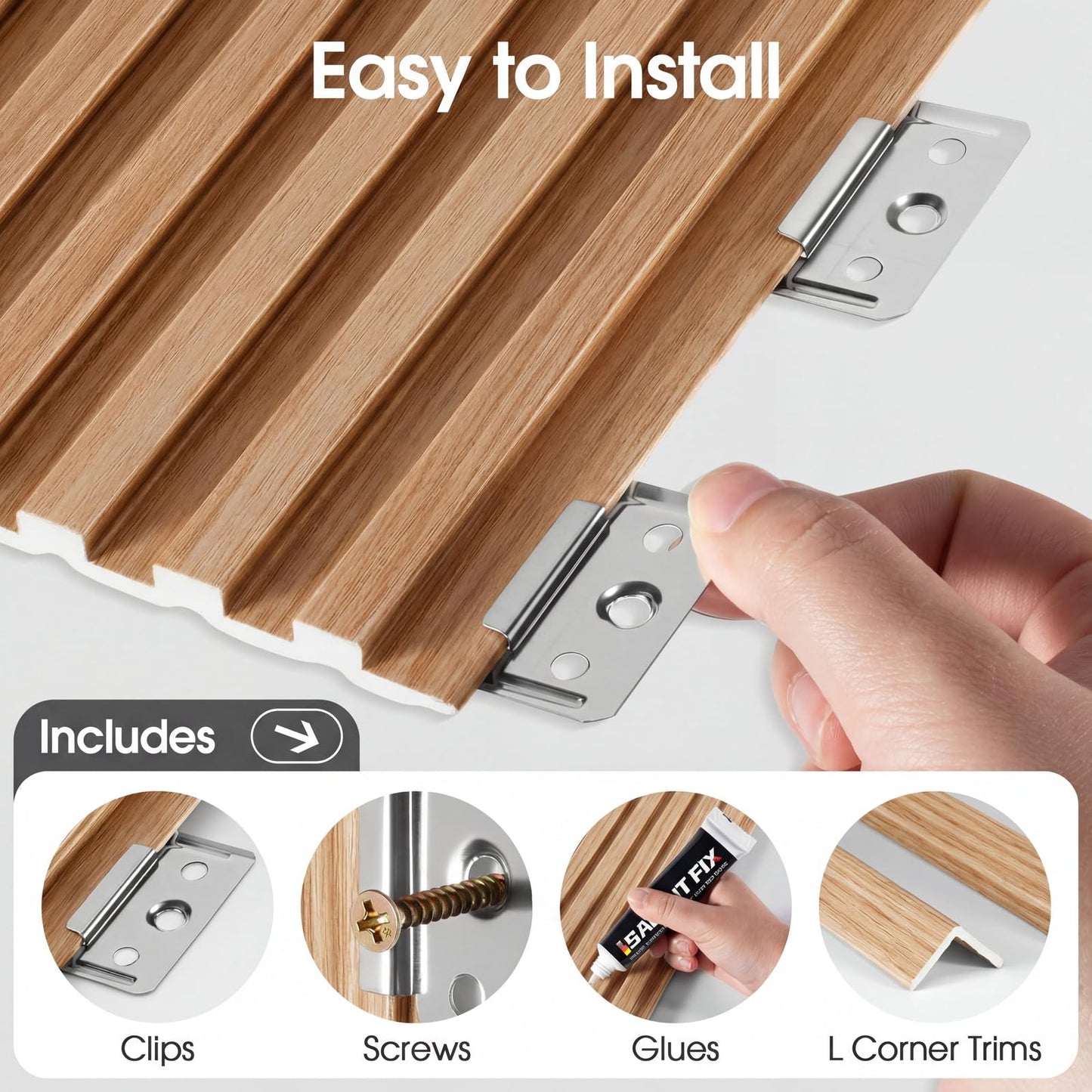 LARWORKS WPC Acoustic Slat Wall Panels 8-Pack 96'' x 6'', Accent 3D Wall Panel for Interior Wall Decor, Waterproof Fluted Textured Panel Wall Slats,Solid Elm (Cover Approx.32 sq.ft)