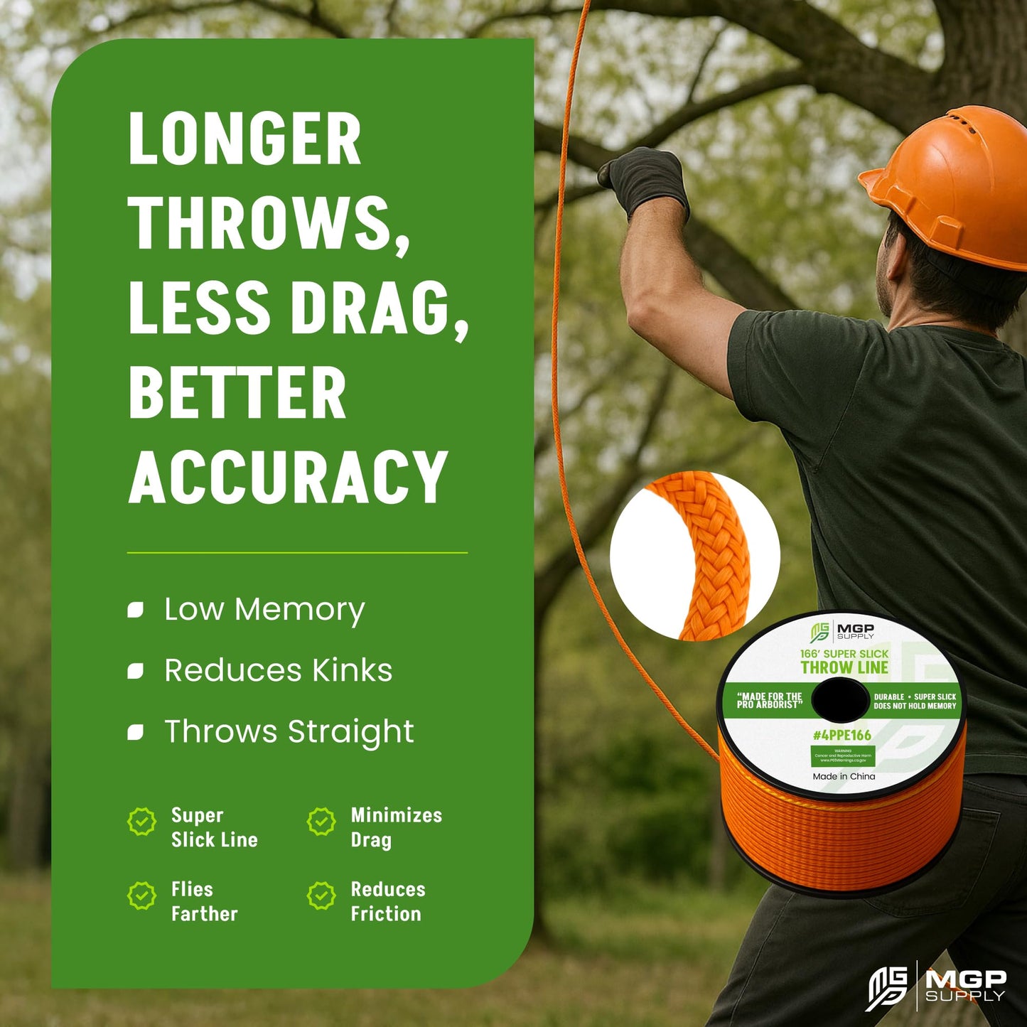 MGP SUPPLY Arborist Throw Line Kit | 15oz Throw Weight & 166ft Rope | Ultra Slick 100% Polyester Rope | Arborist Equipment For Tree Climbing