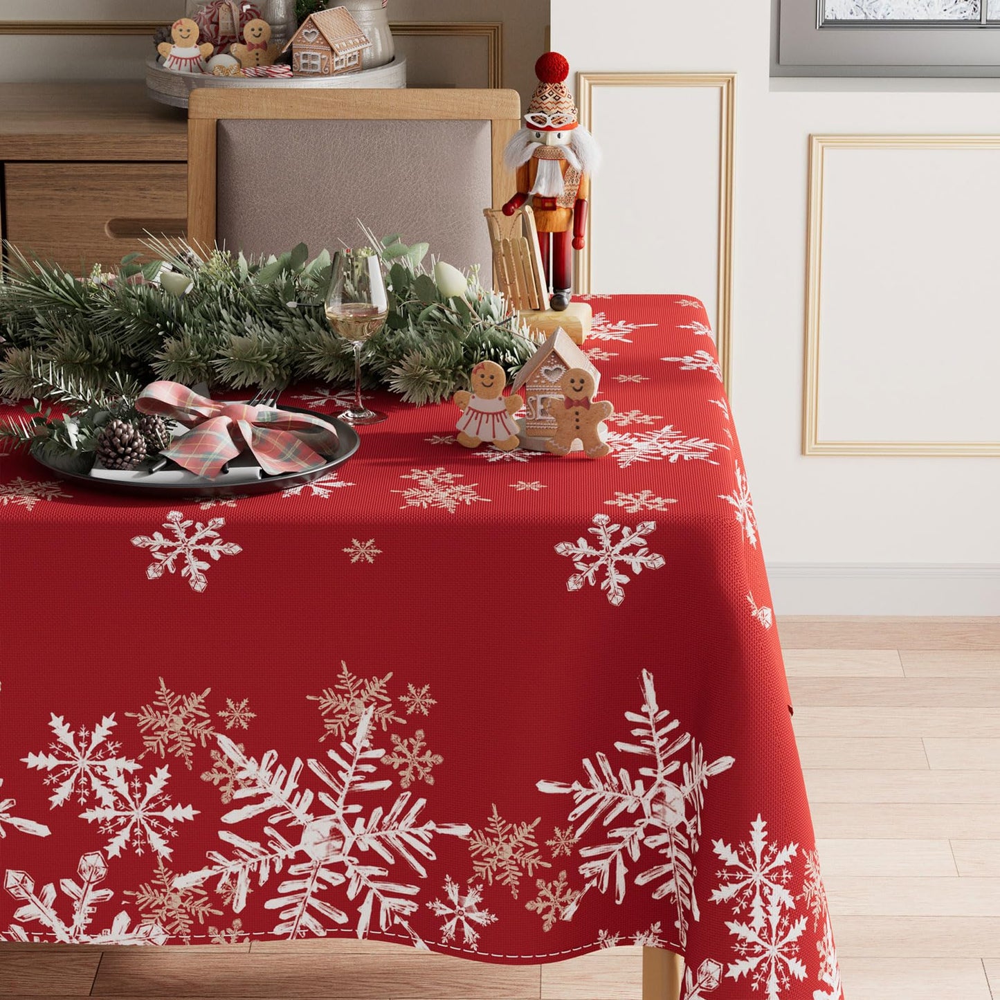 XCHI Winter Red Snowflakes Tablecloth Rectangle Christmas Table Cloth Washable Table Covers for Indoor Dining Home Party Xmas Decorations 60x84 Inch