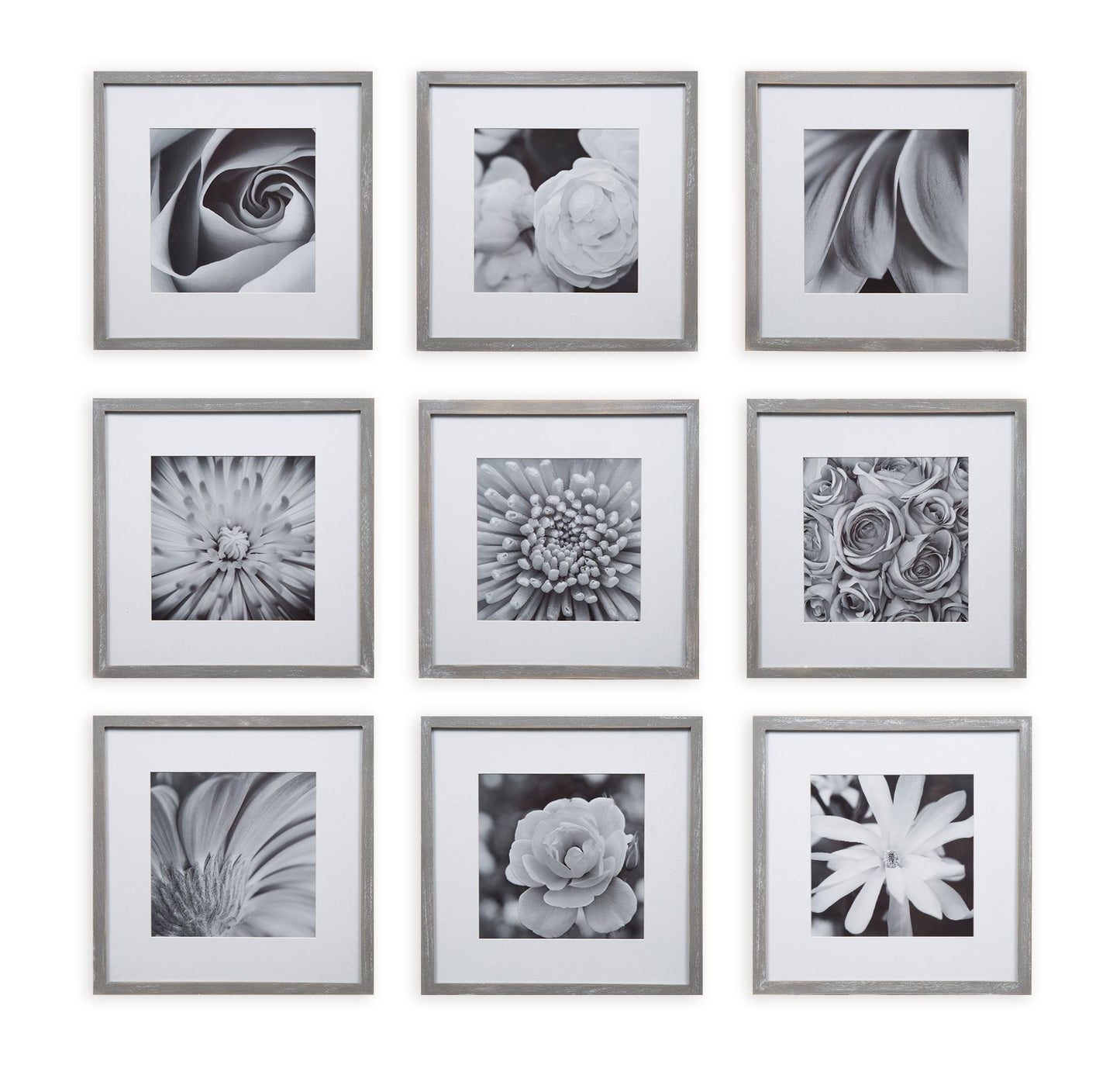 GALLERY PERFECT 12x12 Picture Frames, 9 Piece Set with Real Glass Cover for 8x8 Photos With Mat, Picture Frames Collage Wall Decor for Gallery Wall, Home Decor, Grey