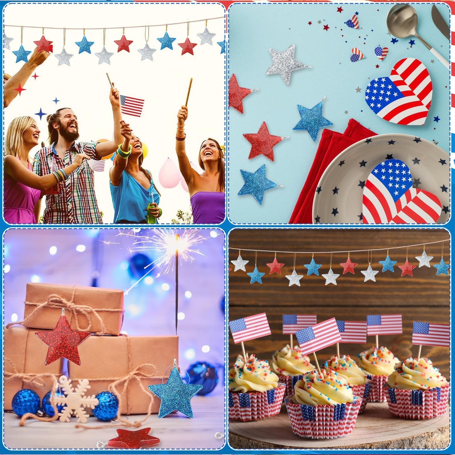 DTOFOOT 48PCS Mini Resin Patriotic Star Ornaments 4th of July Hanging Pendants for Small Tree Glitter Blue Red Star Charms with String for Memorial Day Independence Day 250th Anniversary Party Decor