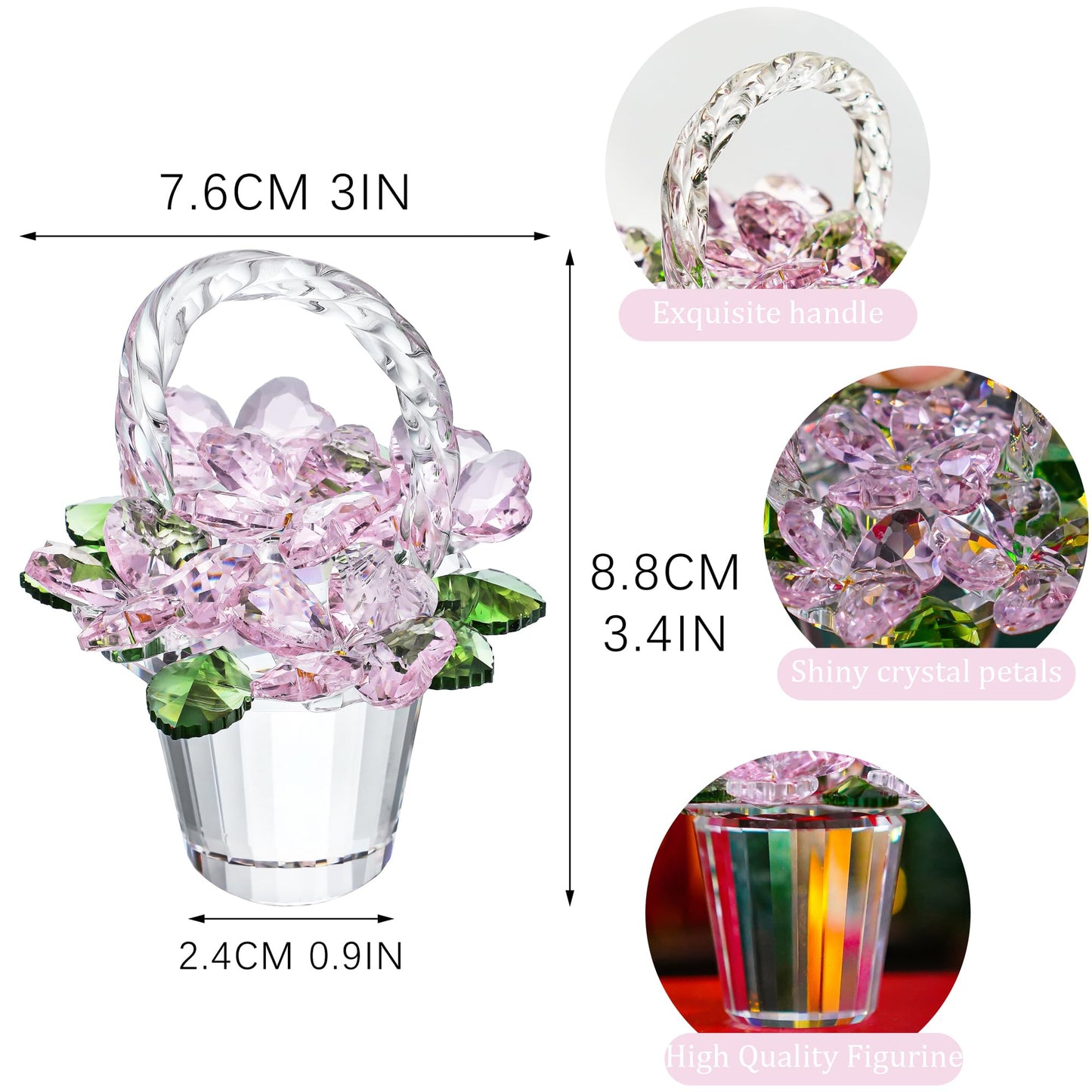 H&D HYALINE & DORA Crystal Pink Flower Basket Figurine,Crystal Gifts for Women, Glass Flower Collectible Figurines for Home Wedding Christmas Decor(with 5 Flowers)