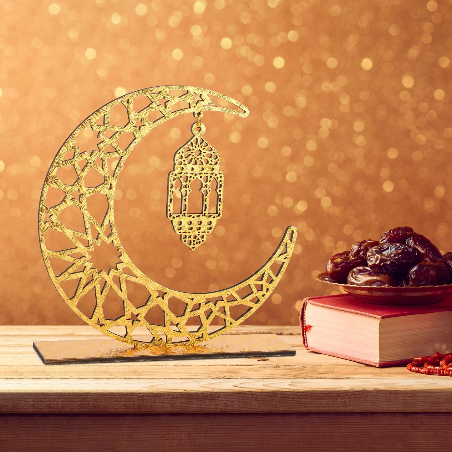 Hinsly Wood Ramadan Decorations for Home Islamic Eid Mubarak Kareem Table Sign Moon Hollow Star Ornament for Muslim Party Tabletop Decor Art Craft Decoration Golden Moon 2 Pieces