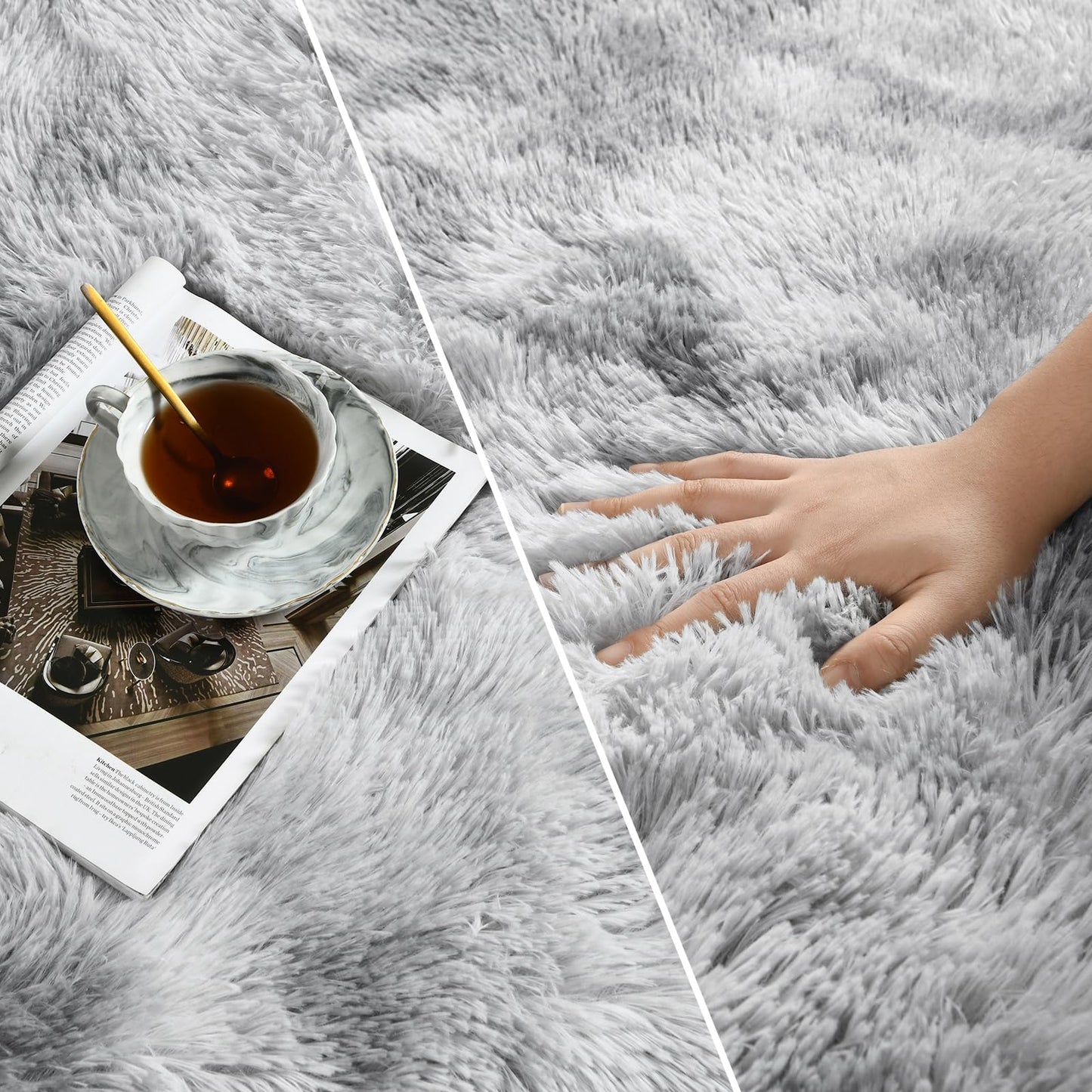 Deerhoo Large Shag Area Rugs 6 x 9, Tie-Dyed Plush Fuzzy Rug for Living Room, Ultra Soft Fluffy Furry Rugs for Bedroom, Indoor Carpet Nursery Rugs for Kids Room Home Decor, Light Grey