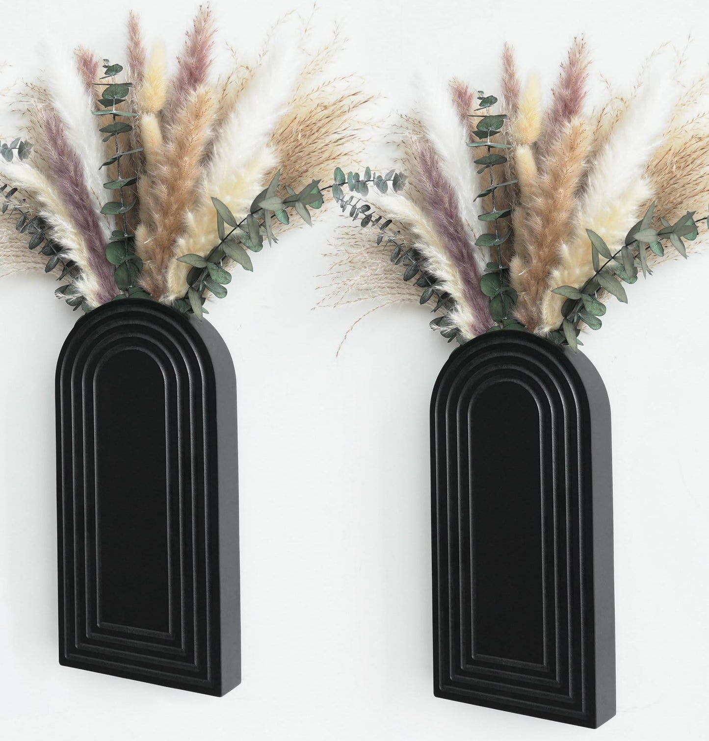 Modern Wall Vase Set of 2 - Black Boho Wood Wall Decor for Living Room, Dining Room & Entryway - Large Farmhouse Wall Mounted Flower Vases - Minimalist Art Wall Decor for Bathroom, Kitchen & Bedroom