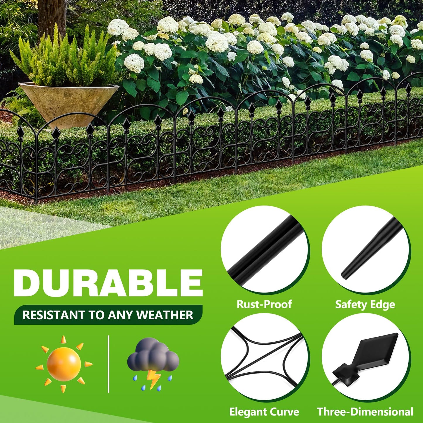 QIAOKAIYAN 24in(H) x 10.83ft(L) Decorative Garden Fence - Tall Garden Fence Animal Barrier 10 Pack Metal Fence Border Black No Dig Fence Panels Garden Fencing Border for Landscape Patio Yard Outdoor