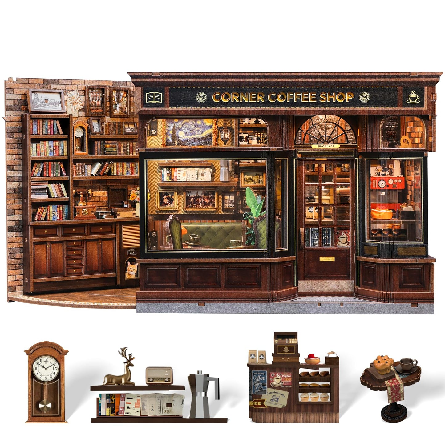 CUTEBEE Book Nook Kit - DIY Miniature House Coffee Shop Dollhouse Kit for Adults, Booknook Tiny House Bookshelf Decor 3D Wooden Puzzle, Gifts for Family, Friends (Corner Coffee Shop)