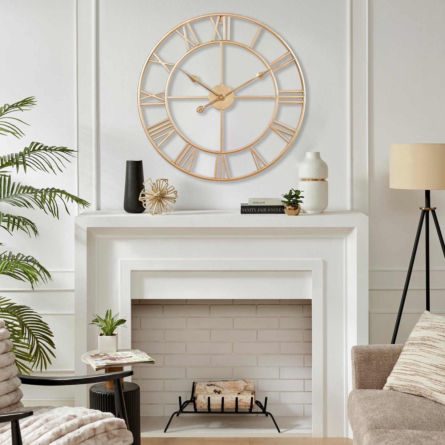 CLXEAST Champagne Gold Metal Wall Clock, Large Roman Numeral 24 Inch Wall Clocks for Living Room Decor,House Warming Gifts New Home
