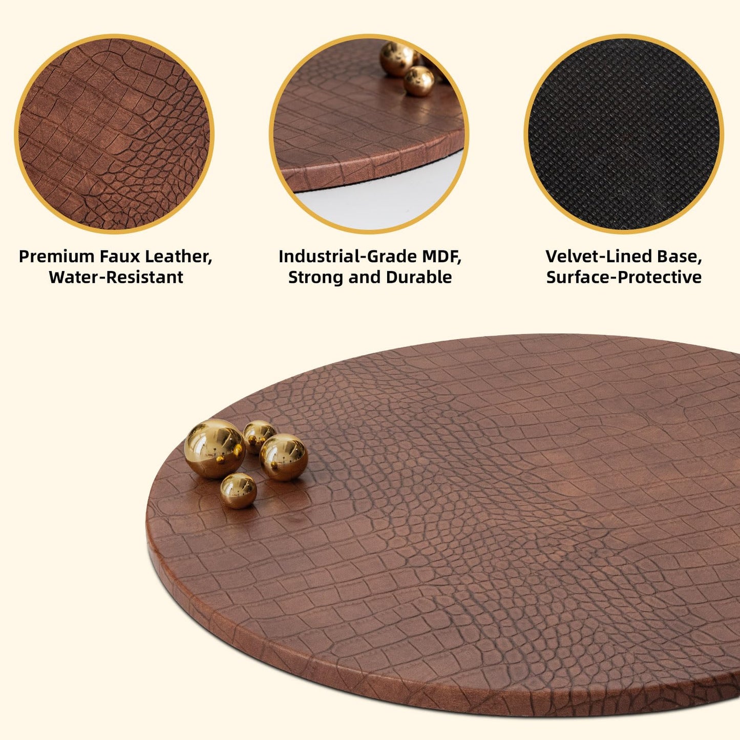 JUMBO HUMBLE Decorative Serving Trays, Set of 2 Brown Crocodile Leather Round Serving Tray with Beads, Decorative Tray Ottoman Decor Platter Coffee Table Trays for Living Room Home Decor