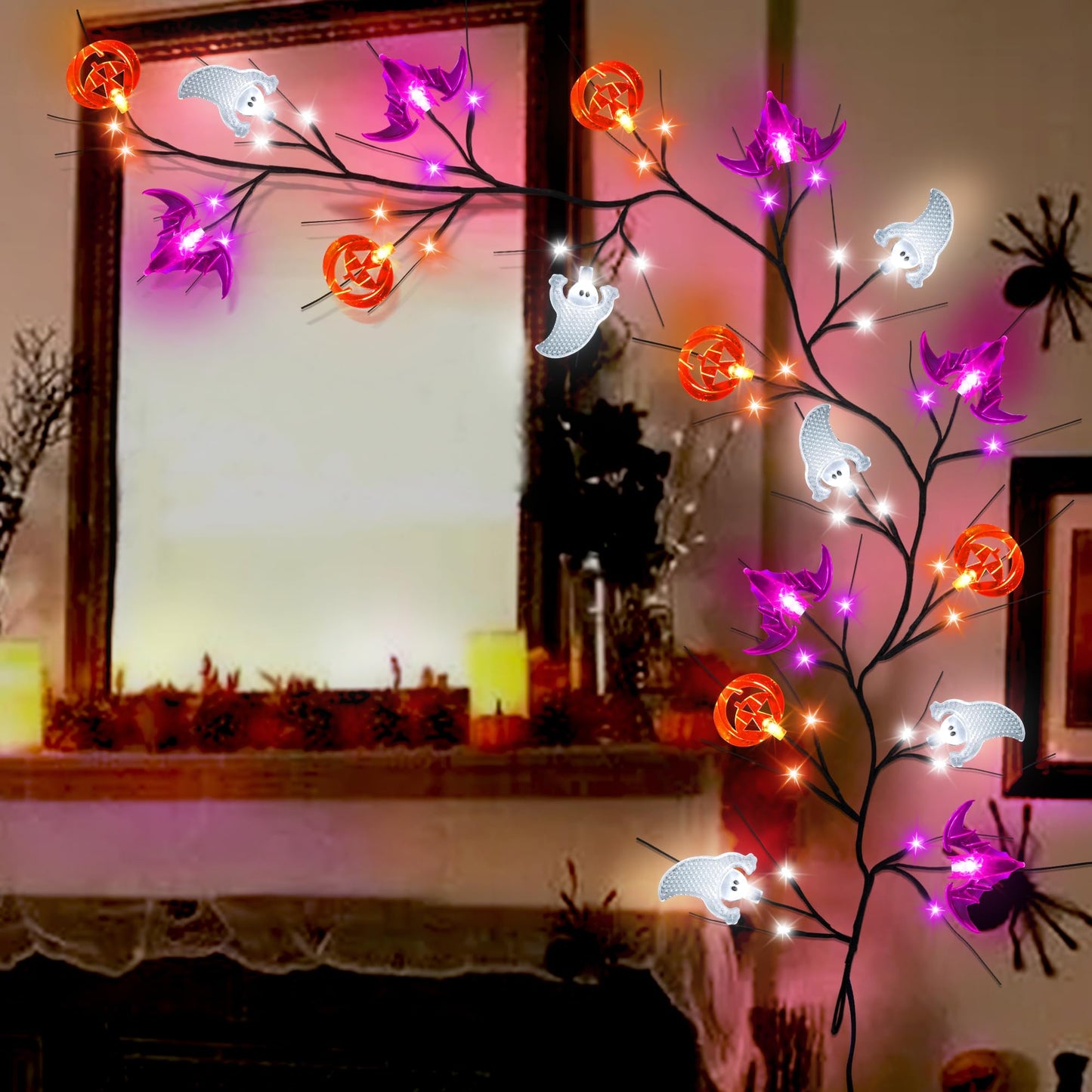 Sakayo [Timer] 6 FT Willow Vine Twig Halloween Decorations Garland with Pumpkin Bat Ghost Lights, 8 Modes Waterproof Battery Operated Halloween Lights Indoor Home Wall Window Mantle Party Decor