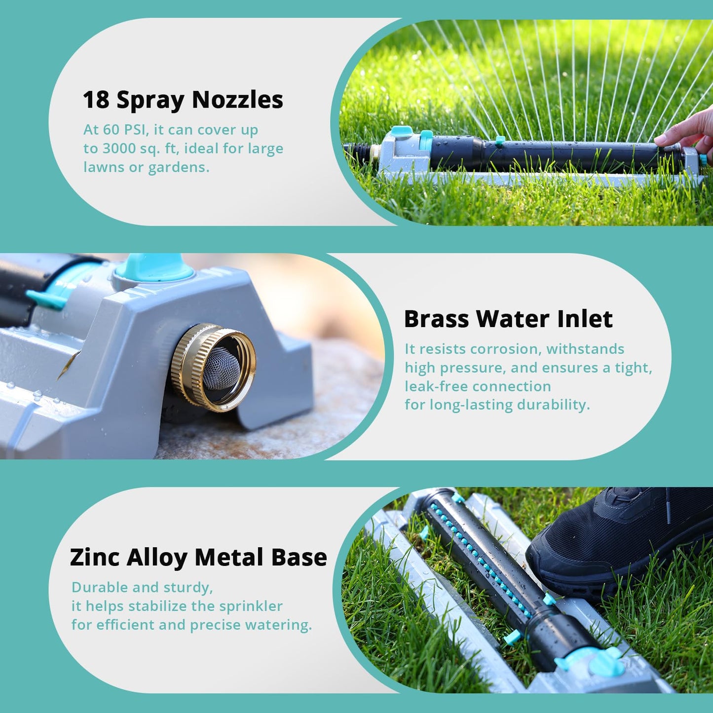 QUOBAS Heavy Duty Oscillating Sprinkler, 18-Hole Nozzle with Zinc Alloy Metal Base, Adjustable Flow Control & Spray Width, with Cleaning Pin, Garden, Yard