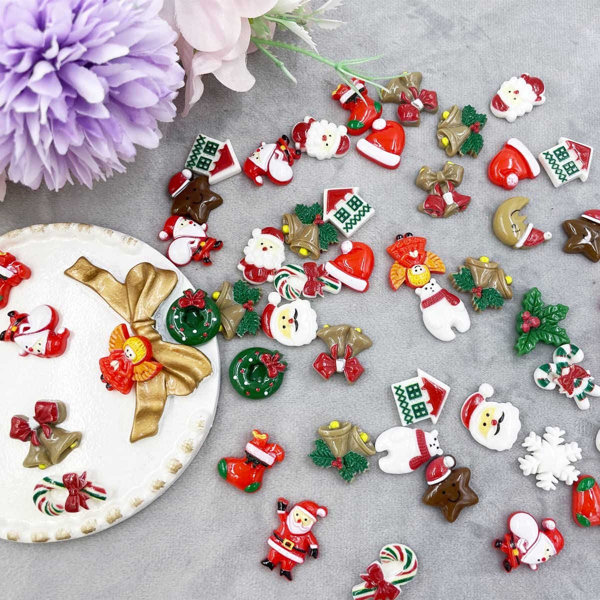 Christmas Flatback Charms, 55Pcs Christmas Resin Flatback Charms Assorted Button Santa Snowman Tree Bell Deer Cartoon Embellishments Supplies for DIY Scrapbooking Jewelry Cell Phone Case