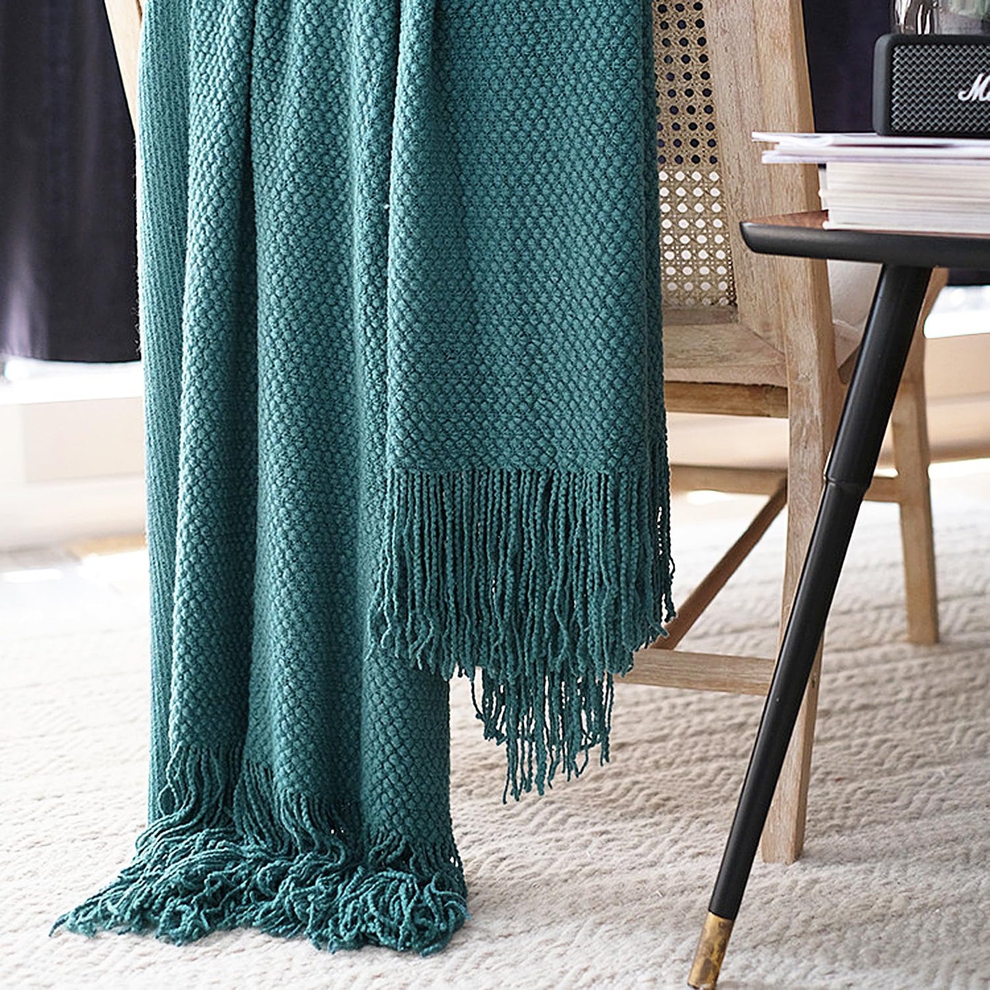 LOMAO Knitted Throw Blanket with Tassels Bubble Textured Soft Blanket Lightweight Warm Throw Blanket for Couch Cover Home Decor (Teal, 50x60)