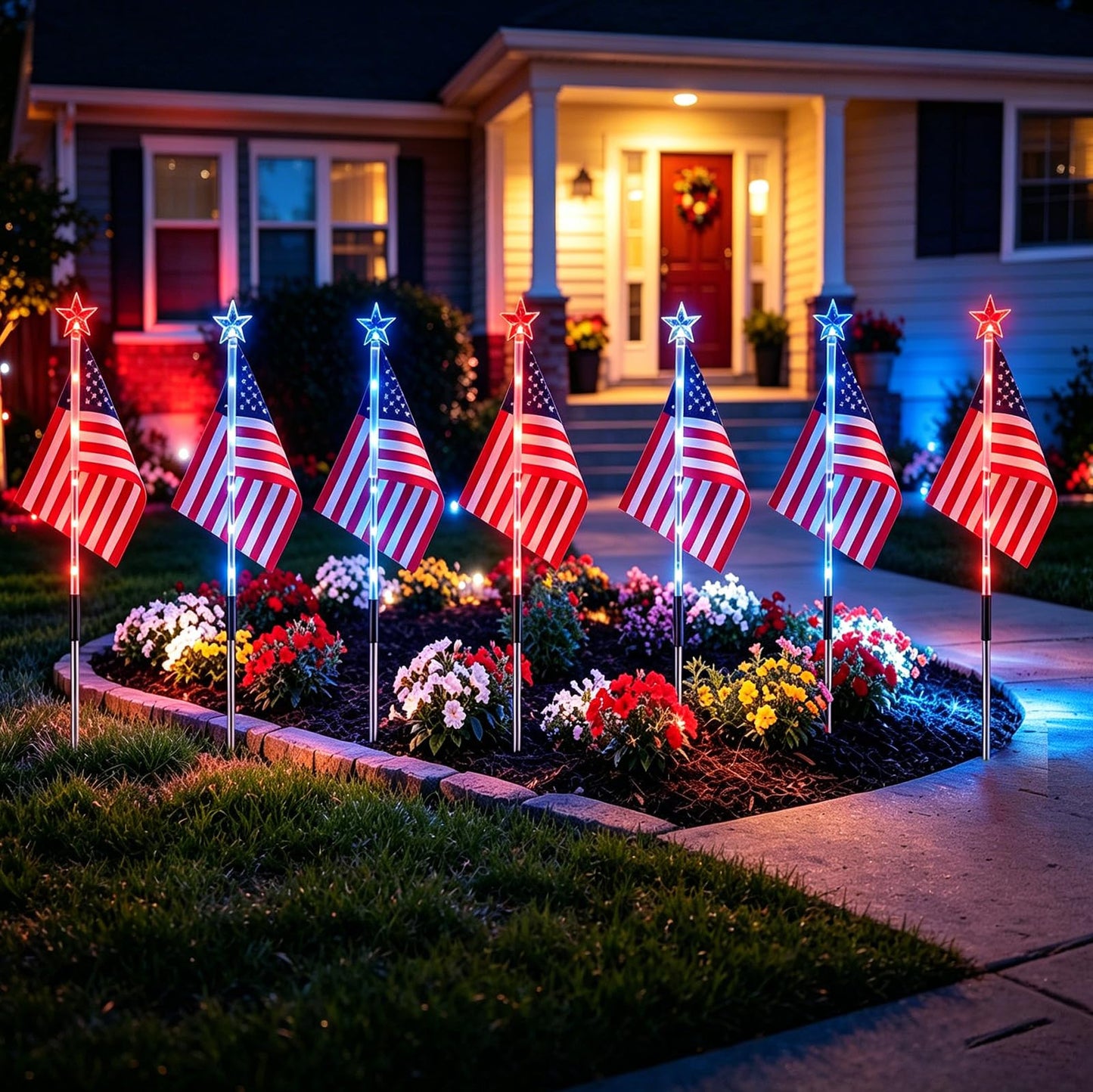 American Flag for Outside 4th of July Decorations, 9-Pack Solar Red White Blue Lights for Garden Yard Pathway, Waterproof Patriotic Decorations for 250th Anniversary, Memorial Day, Independence Day
