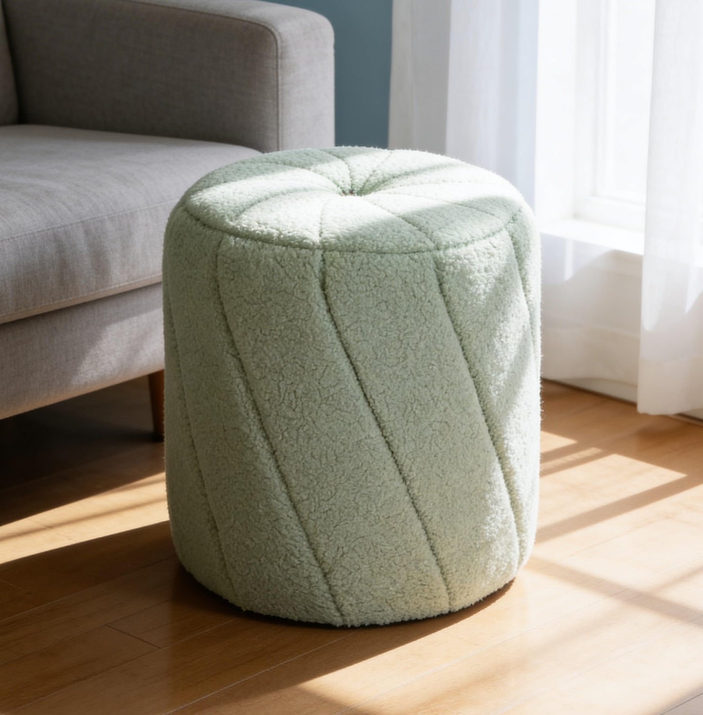 YDcosyfy Modern Round Ottoman, Spiral-Tufted Foot Stool Ottoman, Teddy Fleece Upholstered Vanity Stool for Makeup, Bedroom, Living Room, Light Green