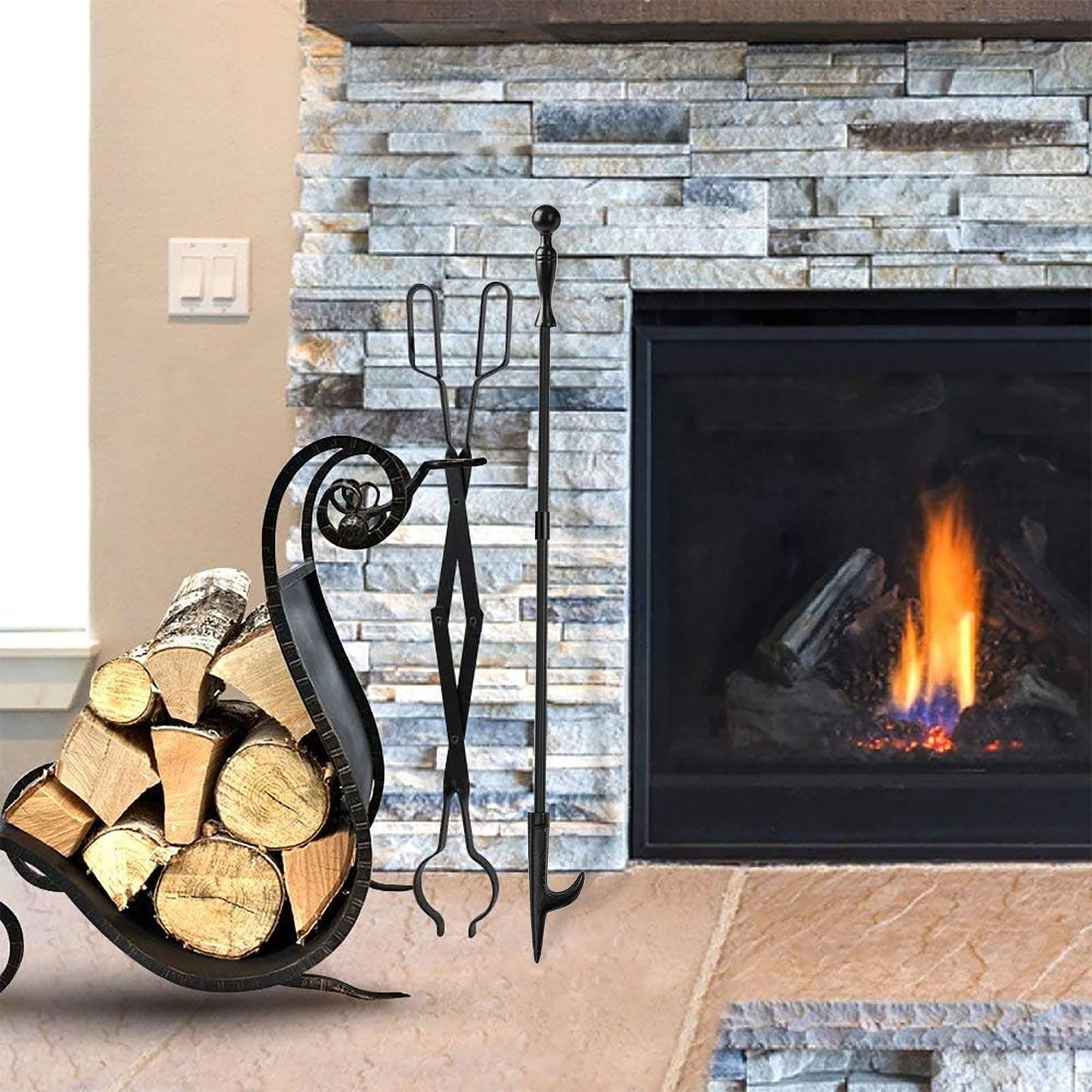 Heavy Duty 32” Long Fireplace Fire Pit Campfire Poker Stick and 26” Fireplace Tongs Tool Set Log Grabber Rust Resistant fire poker Camping Fireplace Tools for Indoor Outdoor Solo Stove Accessories