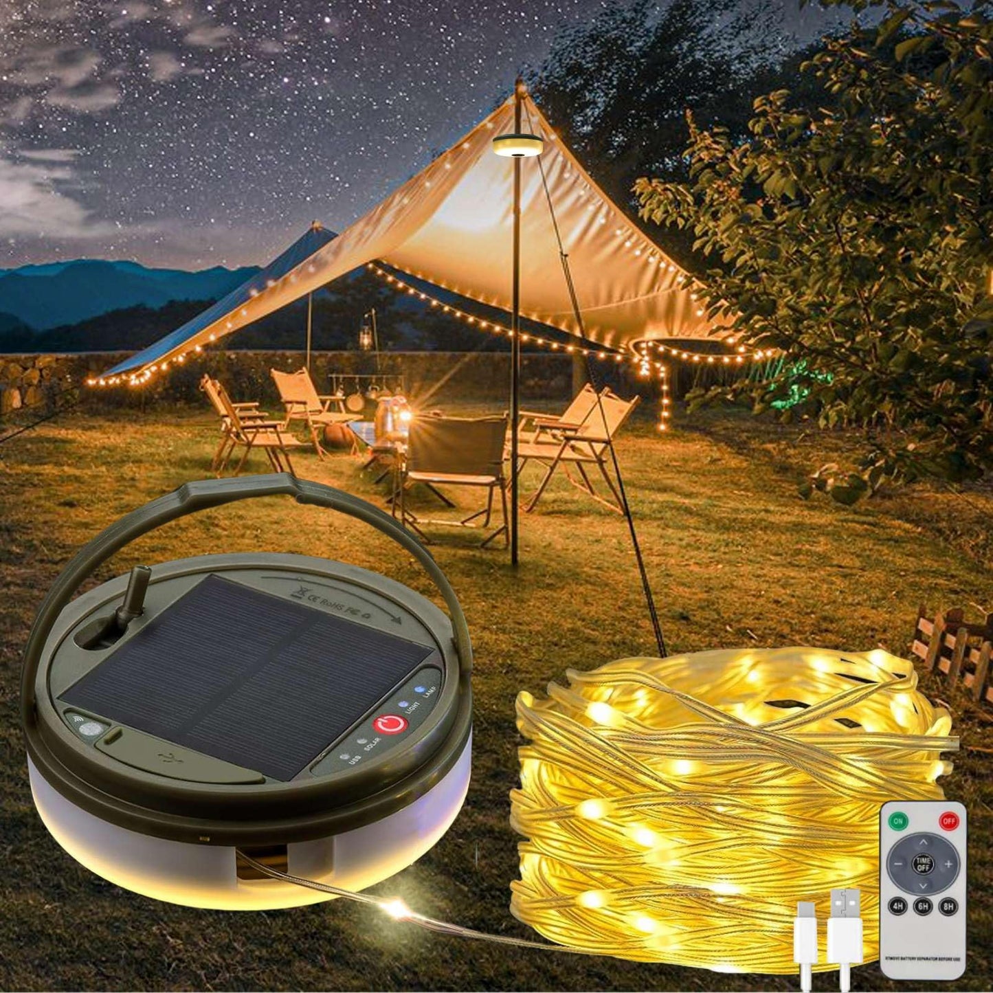 Solar Camping String Lights, 39.4 FT Fairy String Light, 4 in 1 Portable Waterproof Camp LED Lamp with 8 Lighting Modes, Hanging Rechargeable Tent Lantern for Outdoor Garden Patio Party Essentials
