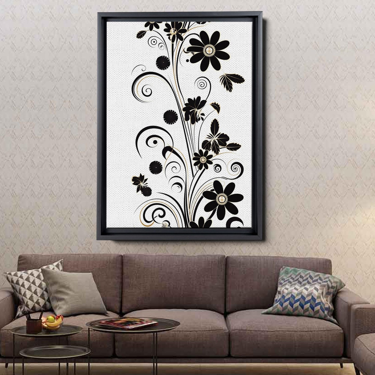 Scandinavian Folk Art, Black and Beige Abstract Botanical Wall Art for Scandinavian Home Decor