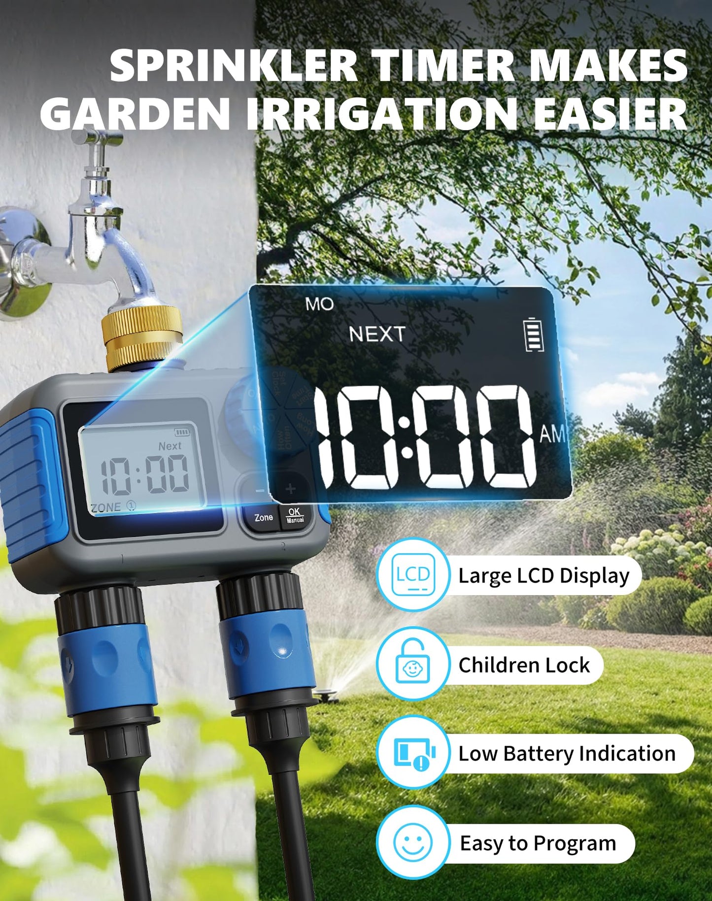 Grillum Sprinkler Timer with Brass Swivel, 2 Zone Hose Timers for Watering, Digital Irrigation Timer with Rain Delay & Manual Mode, Automatic Watering System for Outdoor Garden Lawn Yard