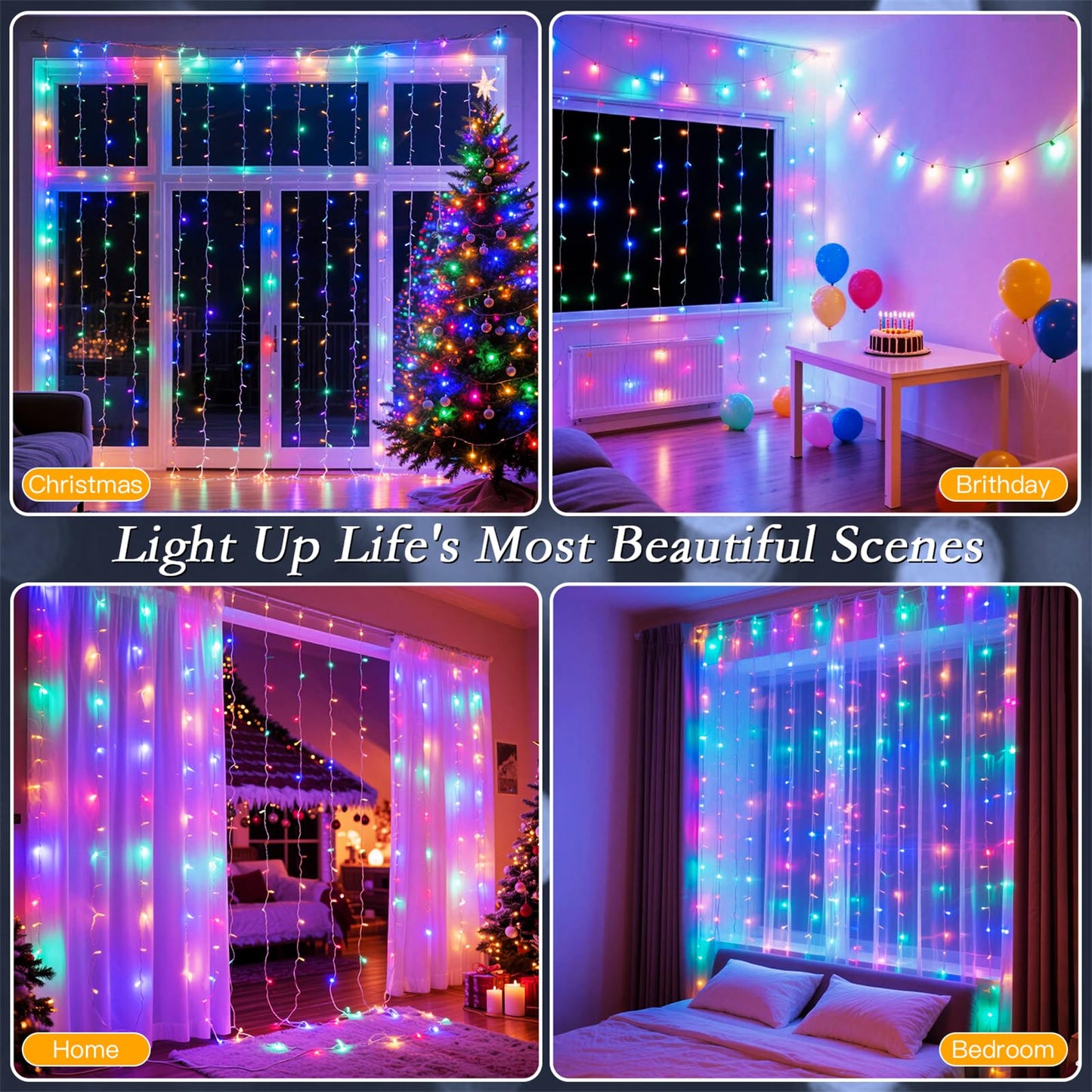 Soagrc 200 LED Rainbow Curtain String Lights 9.8 * 6.6FT Plug in Fairy with Timer and 8 Modes, Waterproof Window Wall Lights for Bedroom Wedding Party Indoor Outdoor Christmas Decor