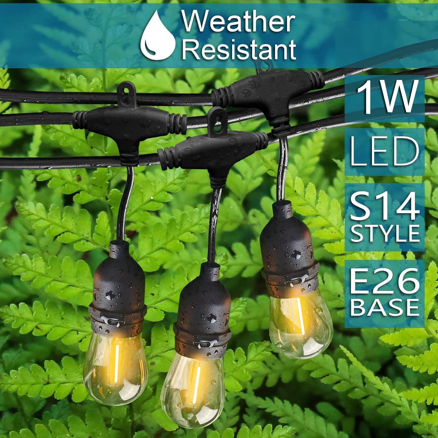 Banord Outdoor String Lights, 50FT Waterproof Patio Lights with 1W Dimmable LED Bulbs, Hanging String Lights for Outdoor Backyard, Garden, Deck, Porch, Gazebo, Balcony, Camping, Party(Black)