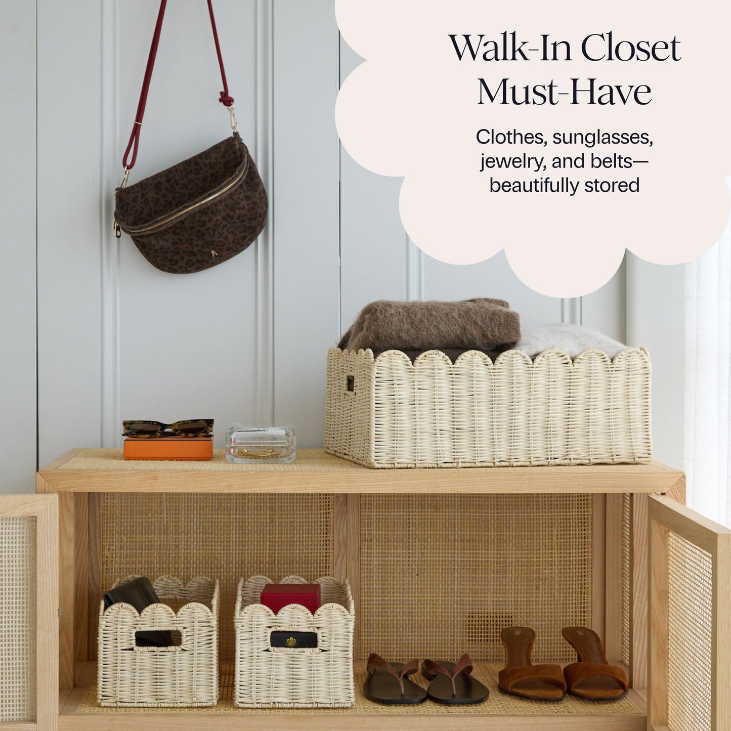 BEBE BASK Handwoven Scalloped Wicker Basket – Rattan Scalloped Basket Set of 3 (17 × 13 × 7 in), Wicker Baskets for Organizing, Wicker Storage Baskets for Shelves, Nursery and Home