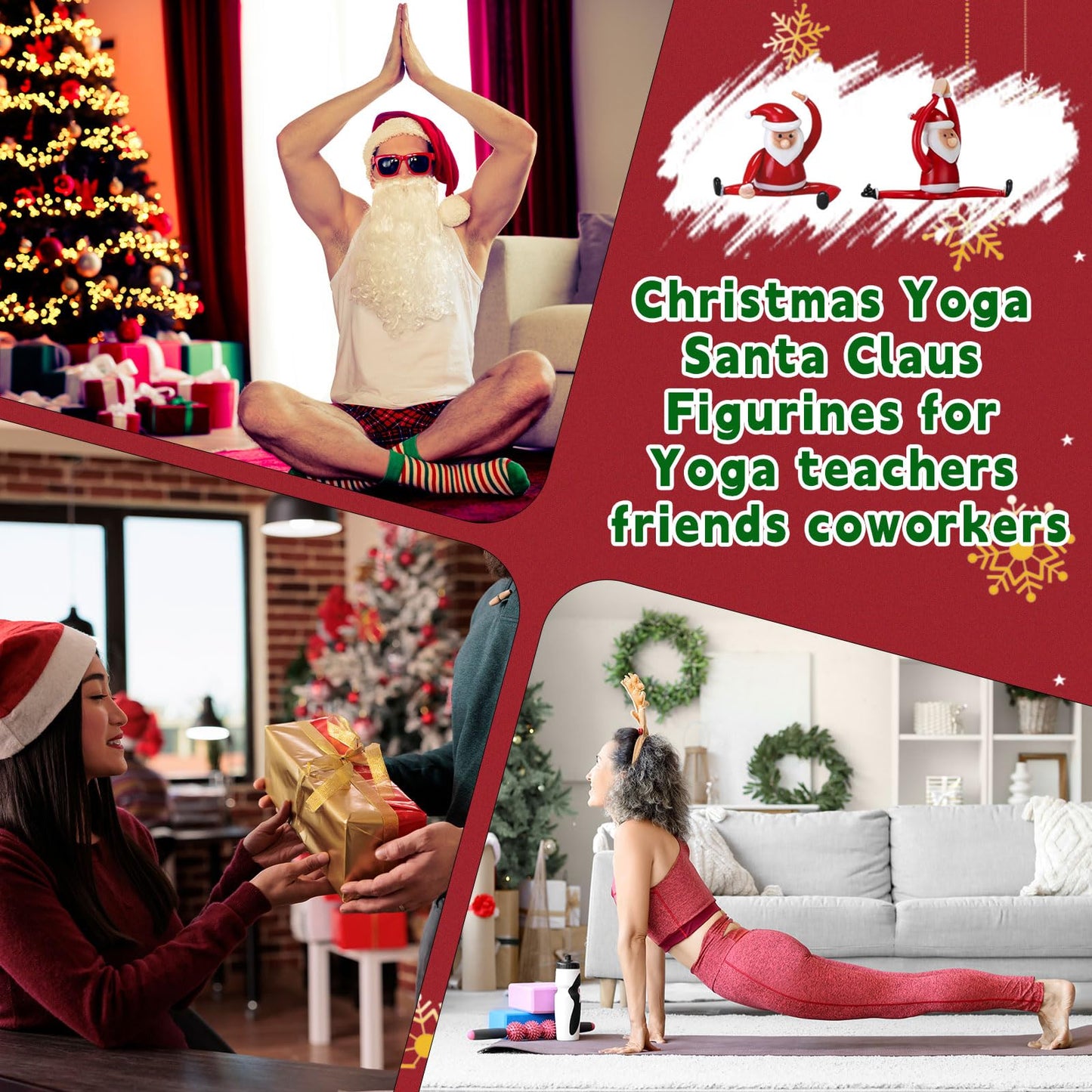 Teecyhooo 2 Pcs Christmas Mini Santa Claus Decorations Glass Yoga Santa Figurines Ornament Funny Christmas Table Sign for Employee Home Office Tabletop Desk Computer Monitor Gift