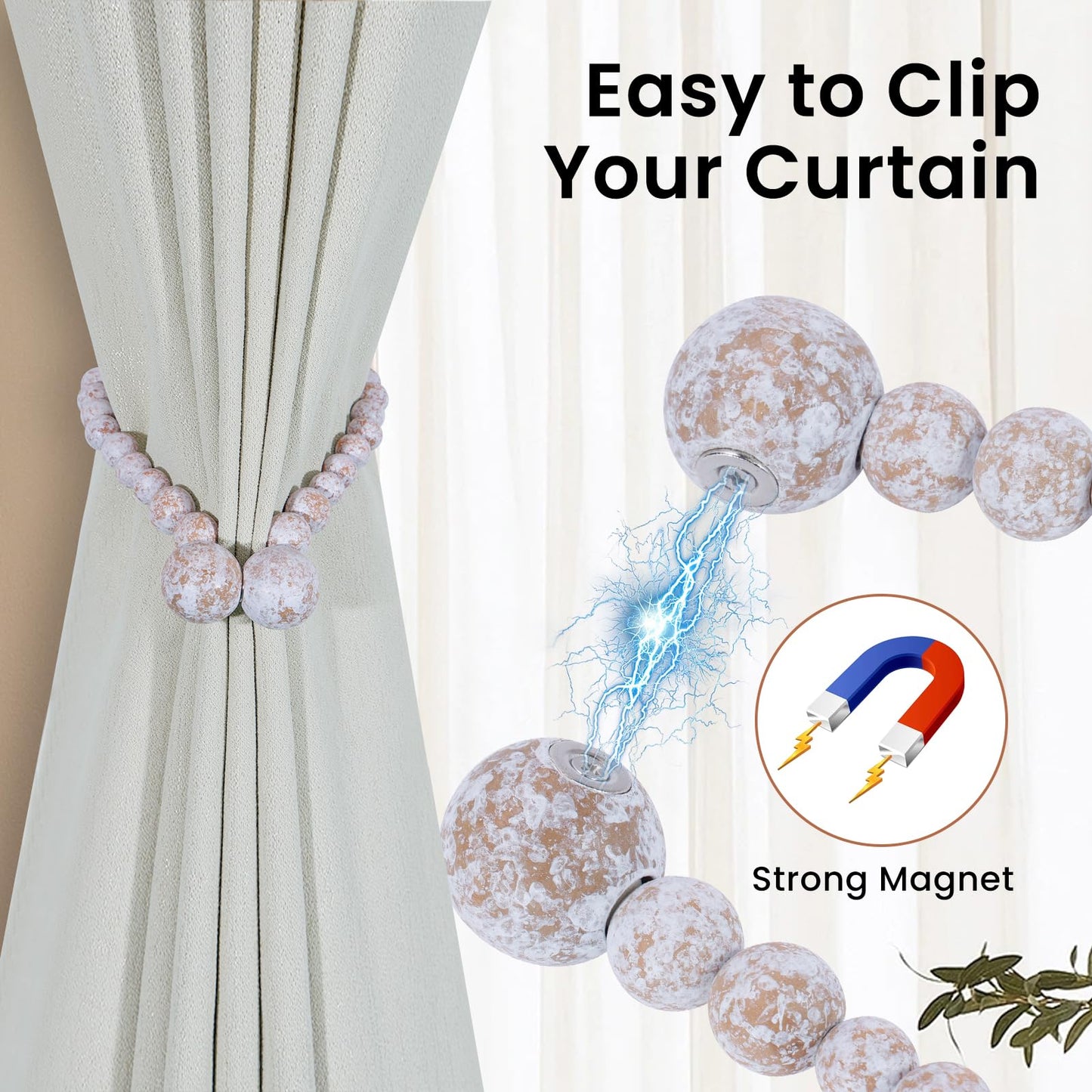 KLOGTSIND Magnetic Curtain Tiebacks, Curtain Tie Backs for Curtains 2 Pack, Wood Bead Curtain Tiebacks, Curtain Holders for Boho Bedroom Decor, Baby Nursery Decor, Farmhouse Decor