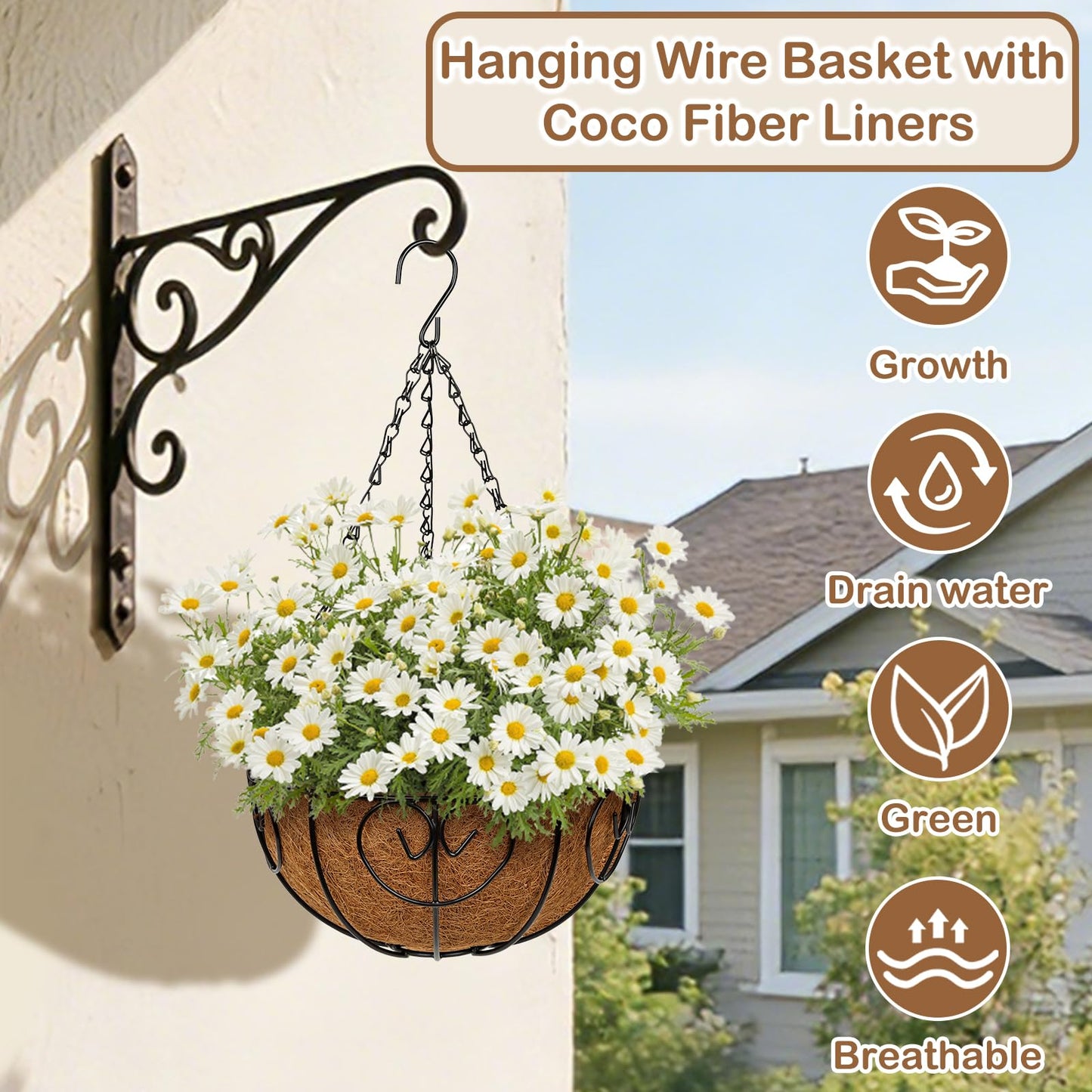 Nature Crafted 10 inch Metal Hanging Baskets for Plants Outdoor, 2 Pack Metal Wire Hanging Basket Planter with Coco Liner Flower Pots for Indoor Outdoor Garden Porch Patio, Heart-Shaped