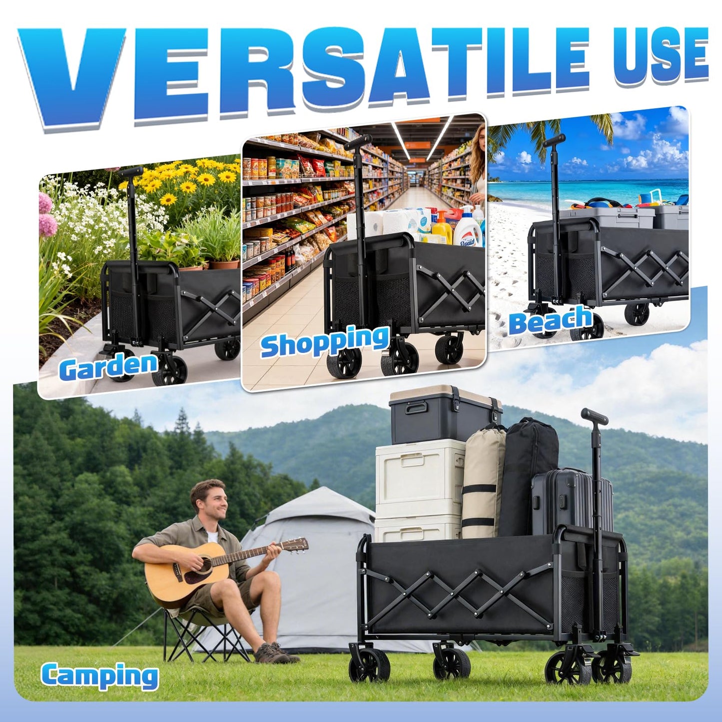 Collapsible Wagon Cart Foldable with Wheels - Heavy Duty 360LBS Portable Folding Utility Shopping Cart with 360° Swivel Brakes Wheels & Cup Holders for Outdoor Camping Beach Grocery Garden