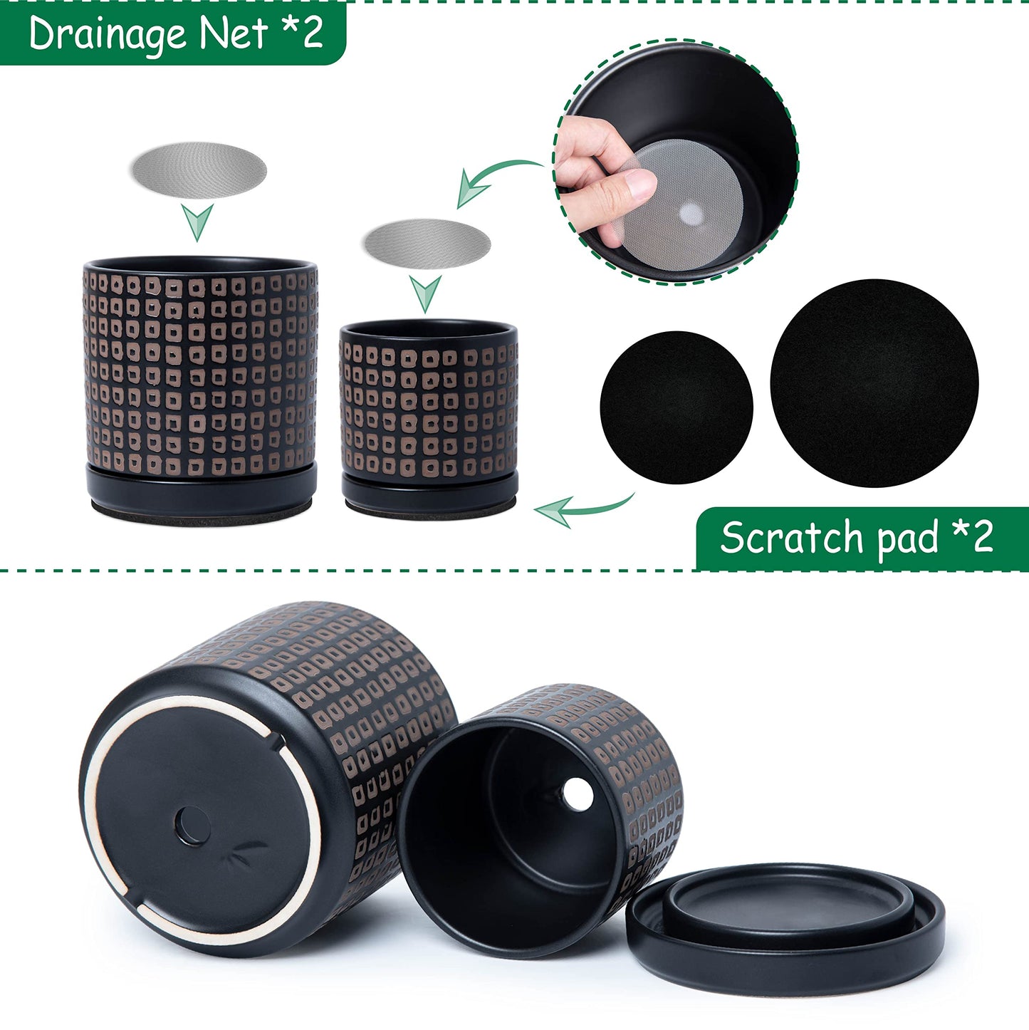 D'vine Dev Set of 2 Ceramic Planter Pots with Drainage Hole and Saucer, 4.5 Inch 6 Inch Plant Pots for Plants Indoor Houseplants, Black, 99-A-2